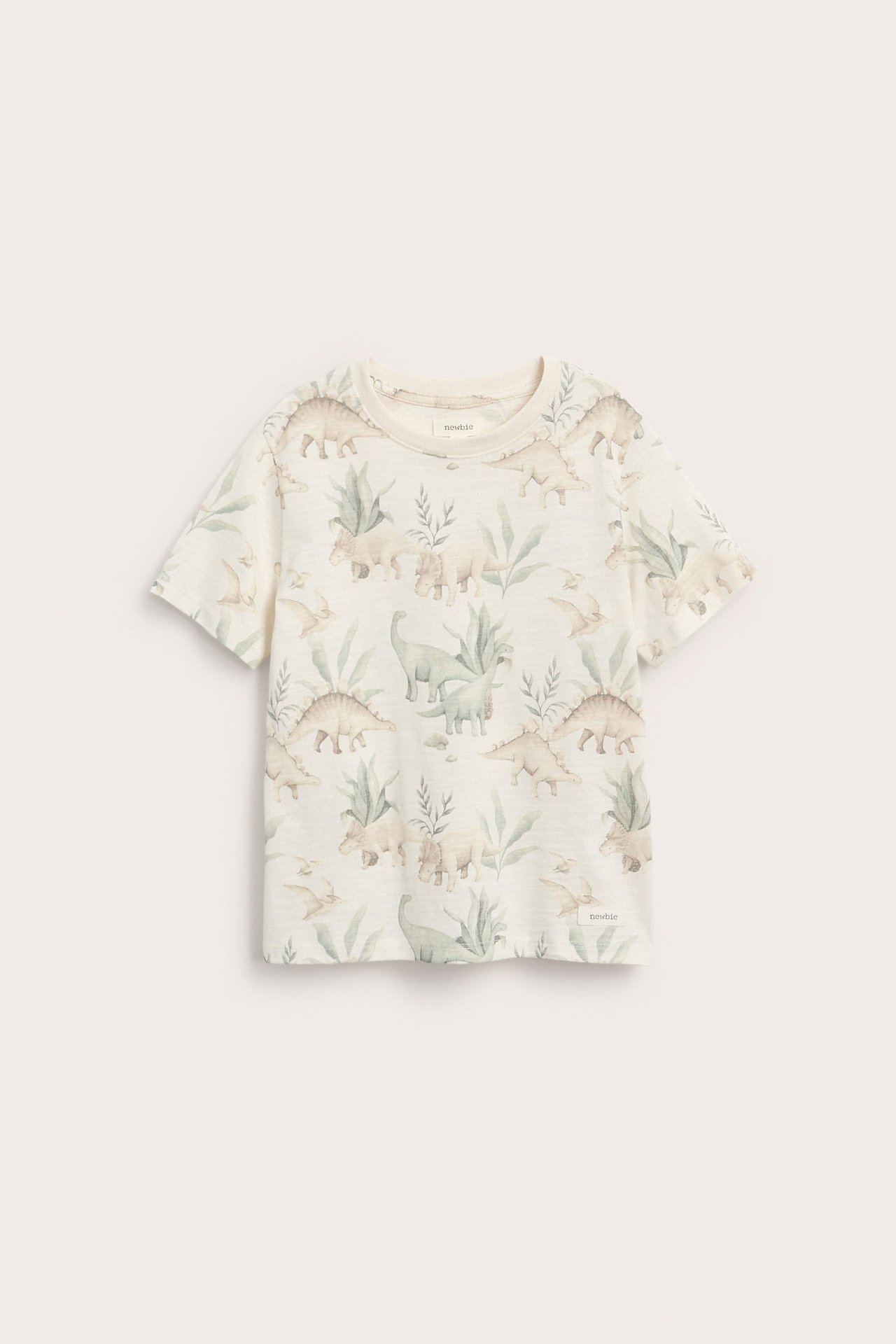 Widok z przodu dziecięcego, kremowego t-shirtu z krótkim rękawem z nadrukiem dinozaurów i liści.