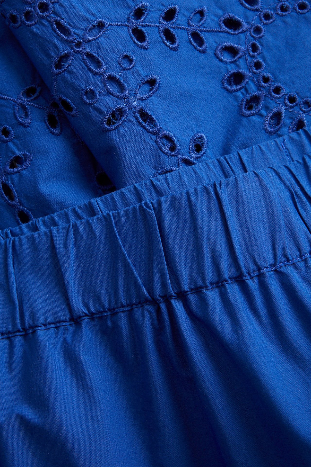 Zbliżenie niebieskich spodni culotte z bawełnianego popelinu z haftem angielskim i elastyczną talią.