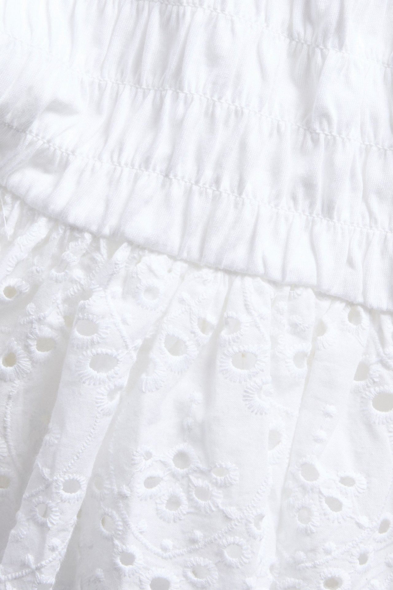Zbliżenie białego topu z marszczeniem, falbanką i haftem angielskim.