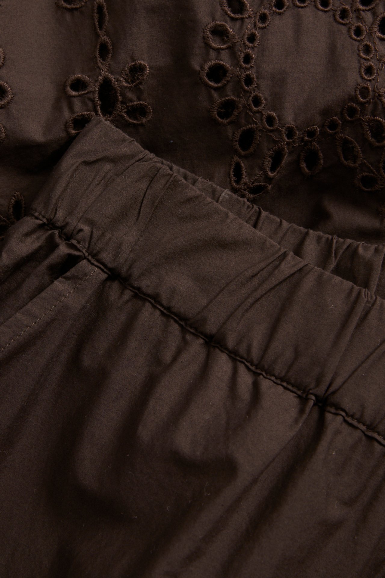 Nærbilde, diagonal visning av mørkebrune bomullspoplin culottebukser med elastisk midje, lomme og broderie anglaise.