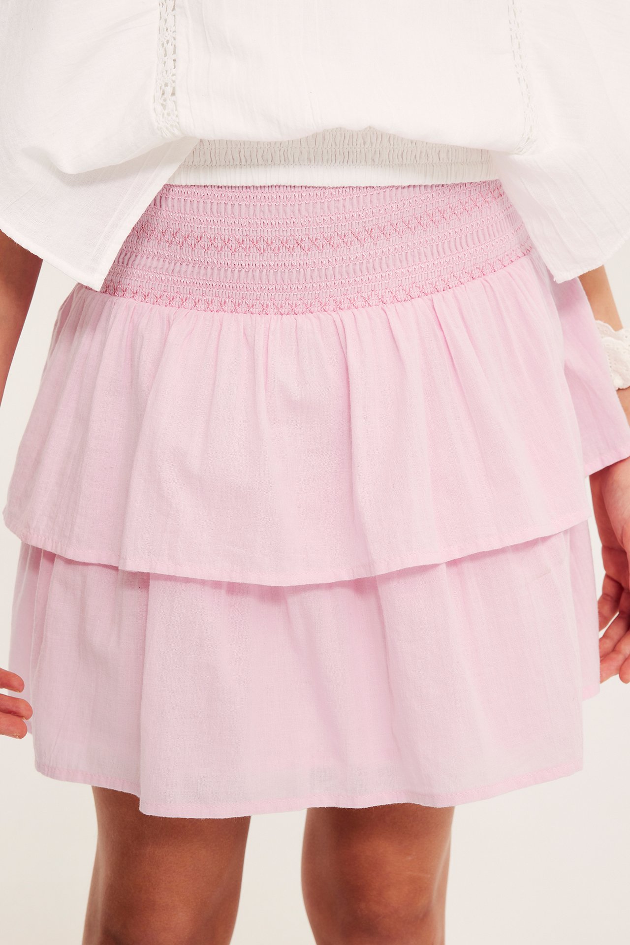 Widok z przodu: dziecko w różowej spódnicy z falbanami i marszczonym pasem, z białym topem.
