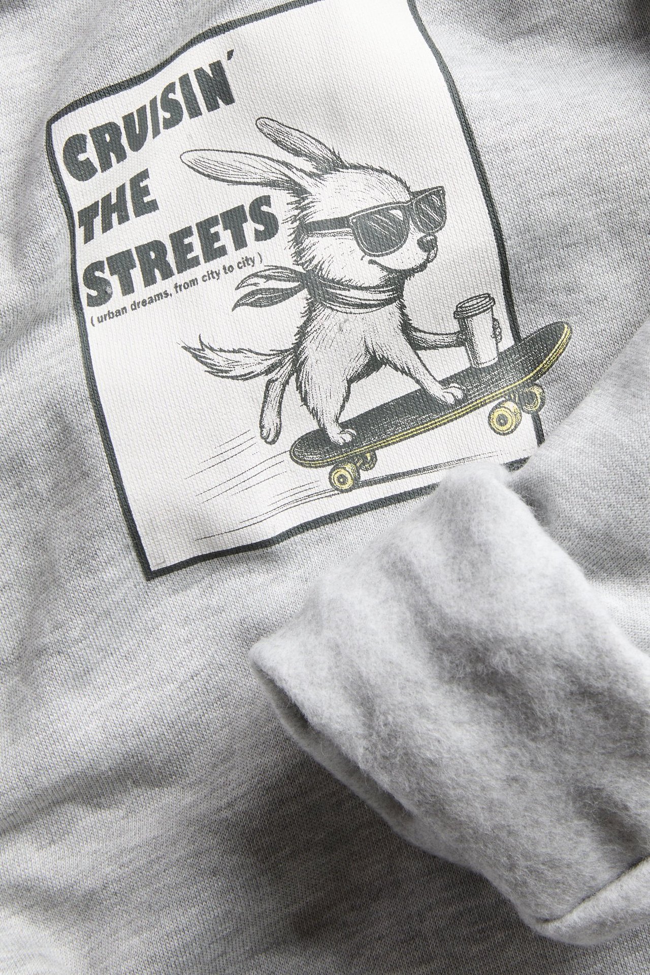 Zbliżenie na jasnoszarą bluzę z okrągłym dekoltem, z nadrukiem królika na deskorolce.