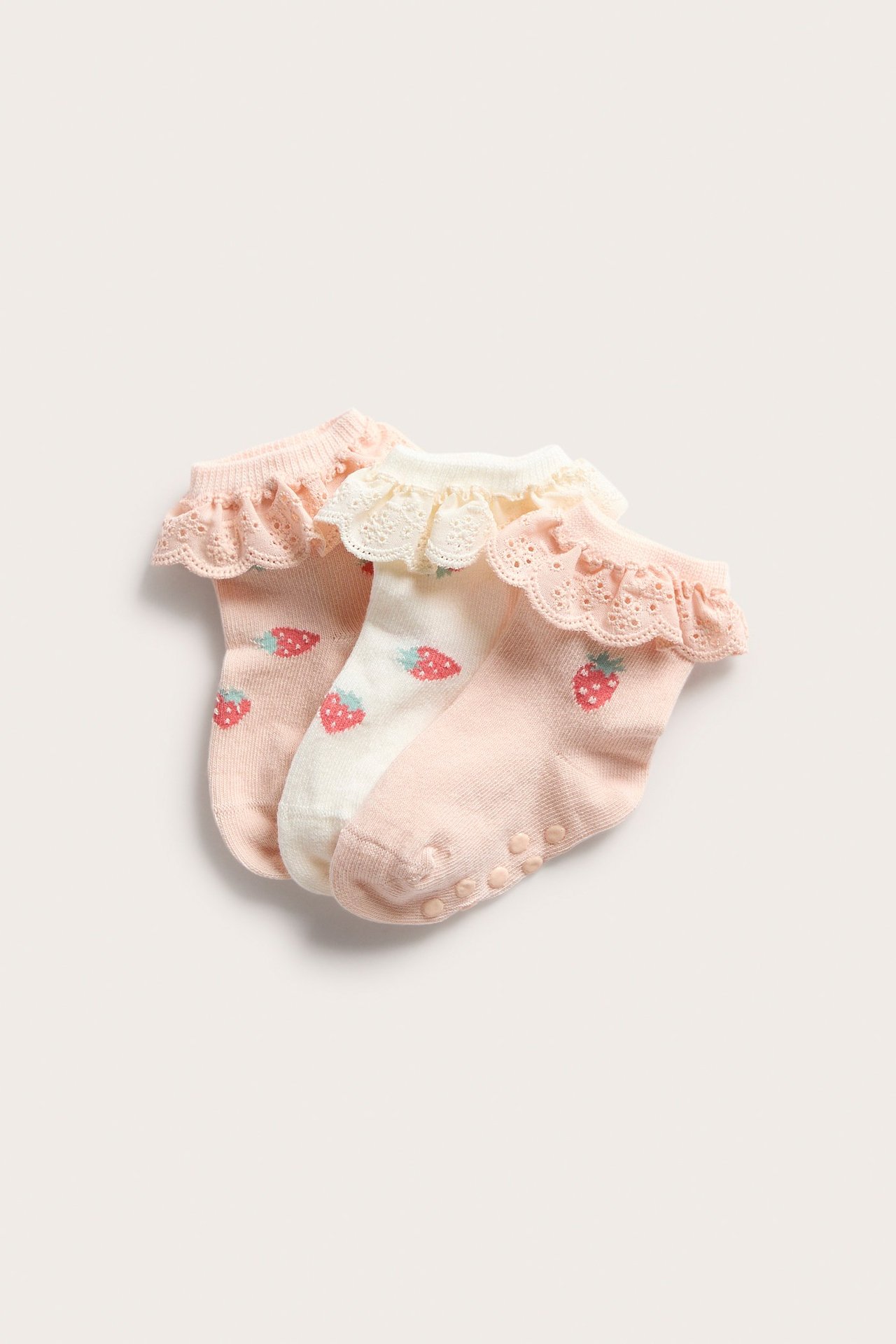 Ovanifrån vy av tre babysockor i rosa och vitt med jordgubbsmönster, broderi anglaise volanger och antiglidgrepp.