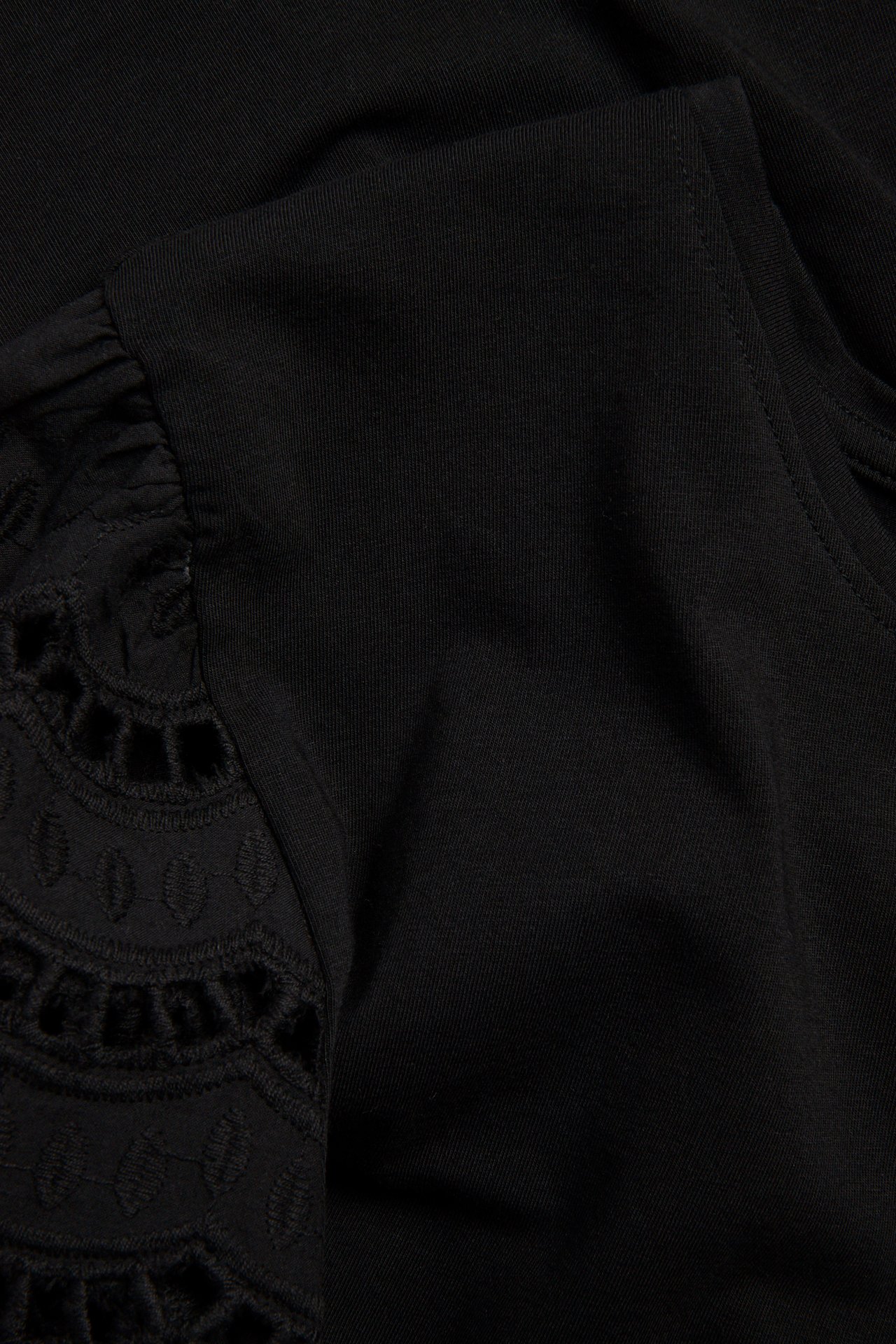 Lähikuva mustasta topista, jossa on poimutetut puuvillaiset broderie anglaise -hihat, näyttäen kirjonnan.