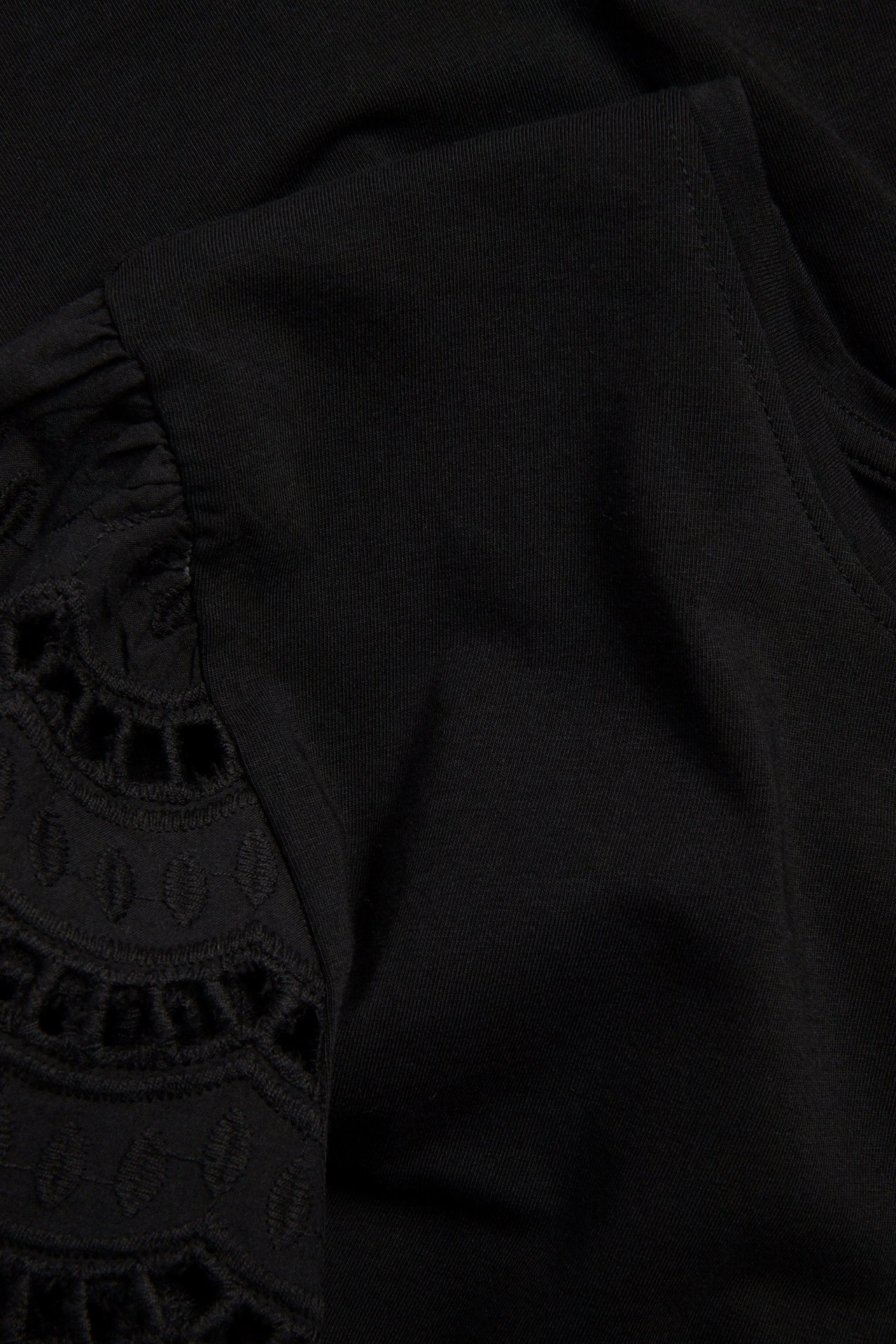 Lähikuva mustasta topista, jossa on poimutetut puuvillaiset broderie anglaise -hihat, näyttäen kirjonnan.