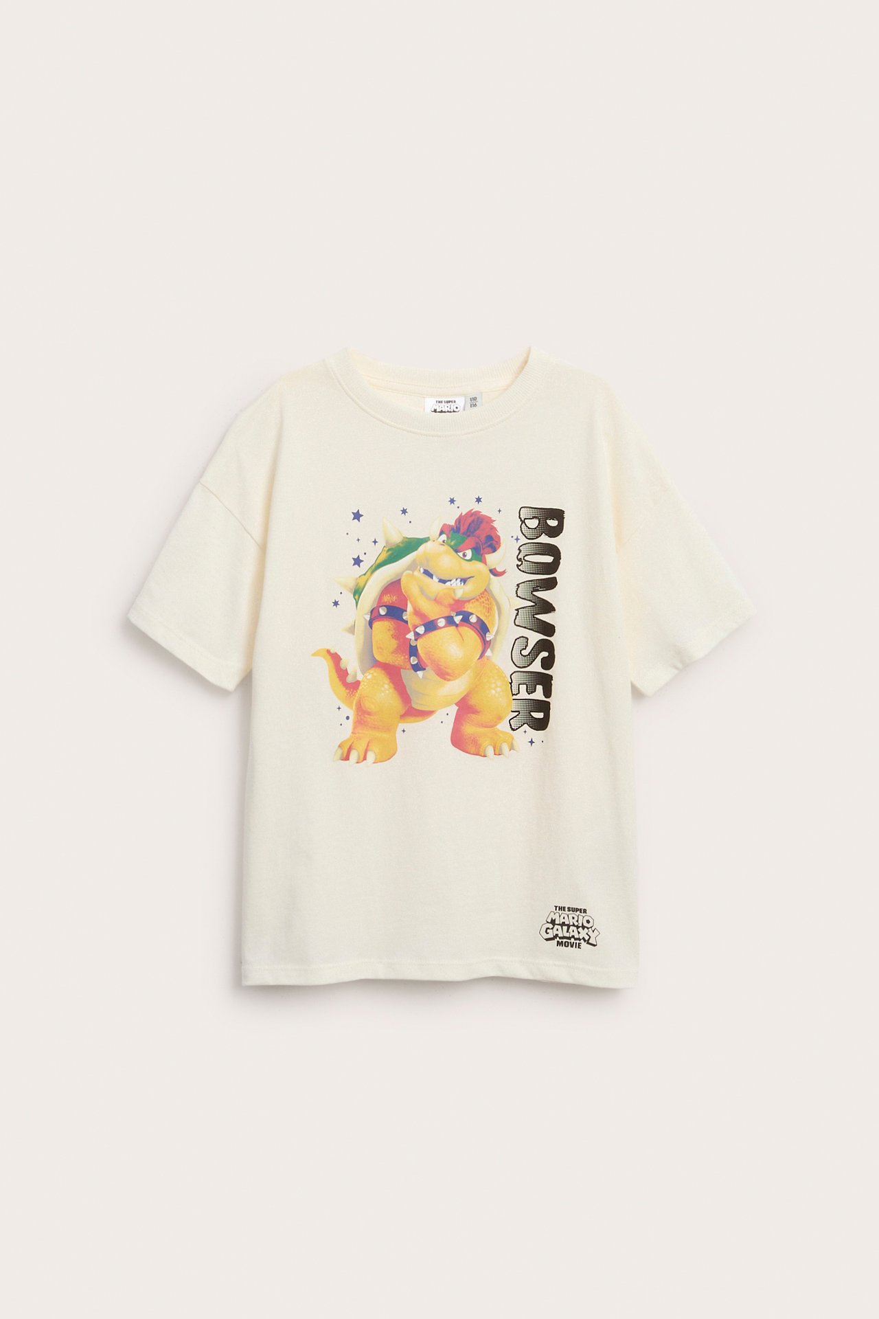 Przód off-white dziecięcego T-shirtu z dzianiny bawełnianej z dużym nadrukiem Bowsera z przodu.