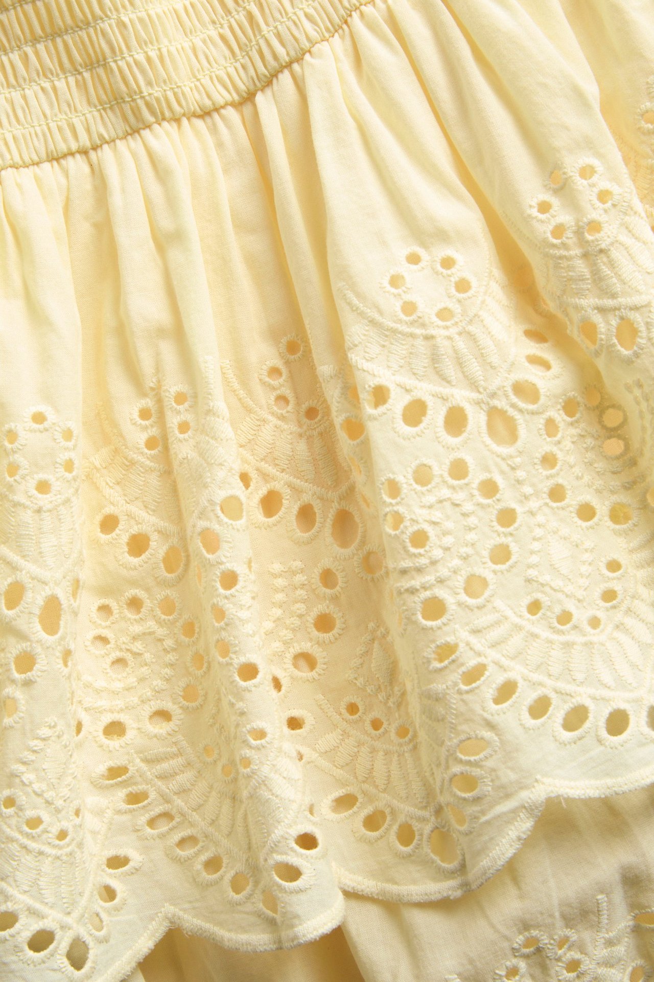 Närbild av en ljusgul bomullsklänning med smockat liv och volanger med broderie anglaise.