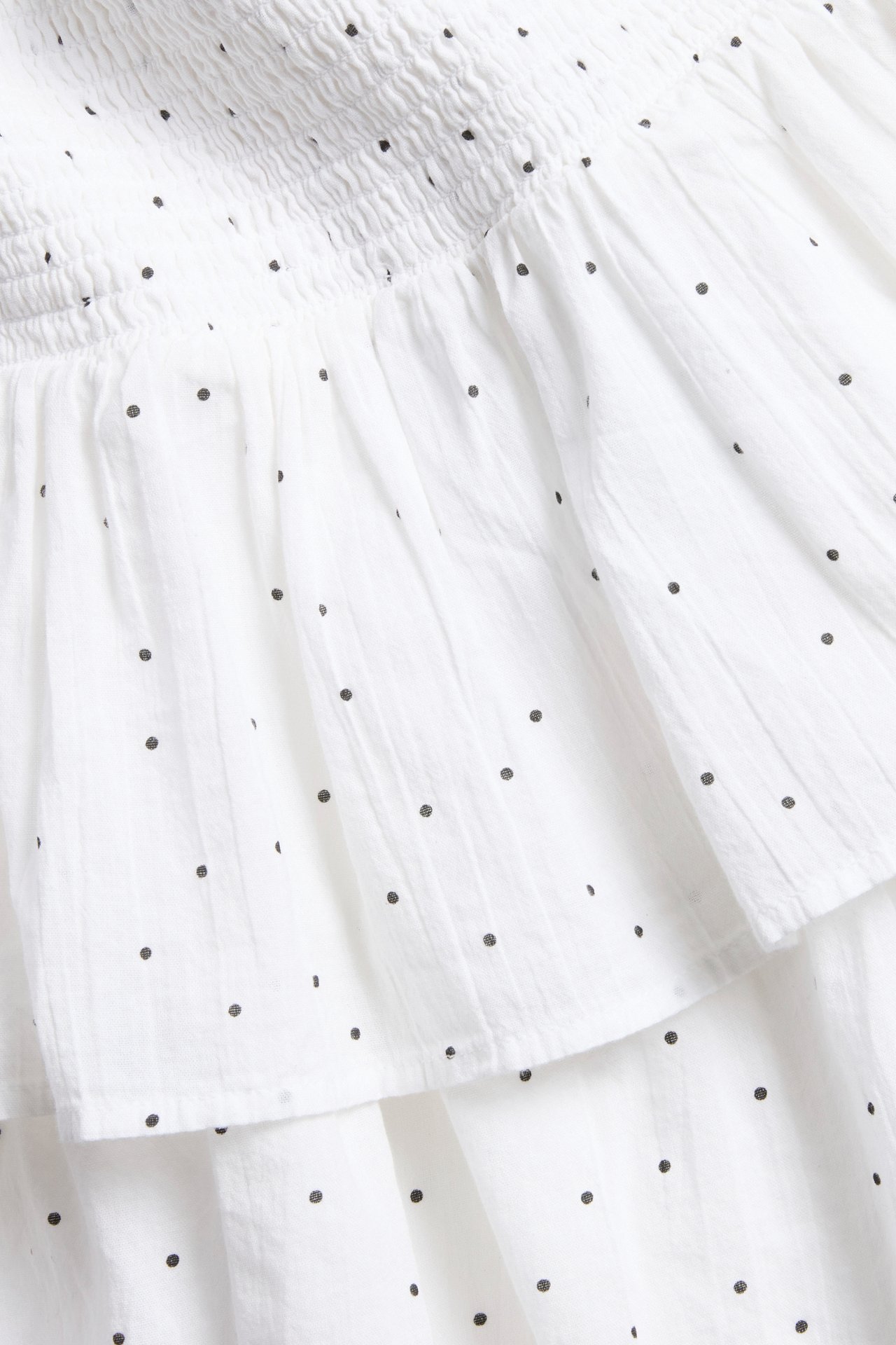 Lähikuva valkoisesta puuvillahameesta, jossa on röyhelöitä, smock-vyötärö ja musta pilkkukuvio.