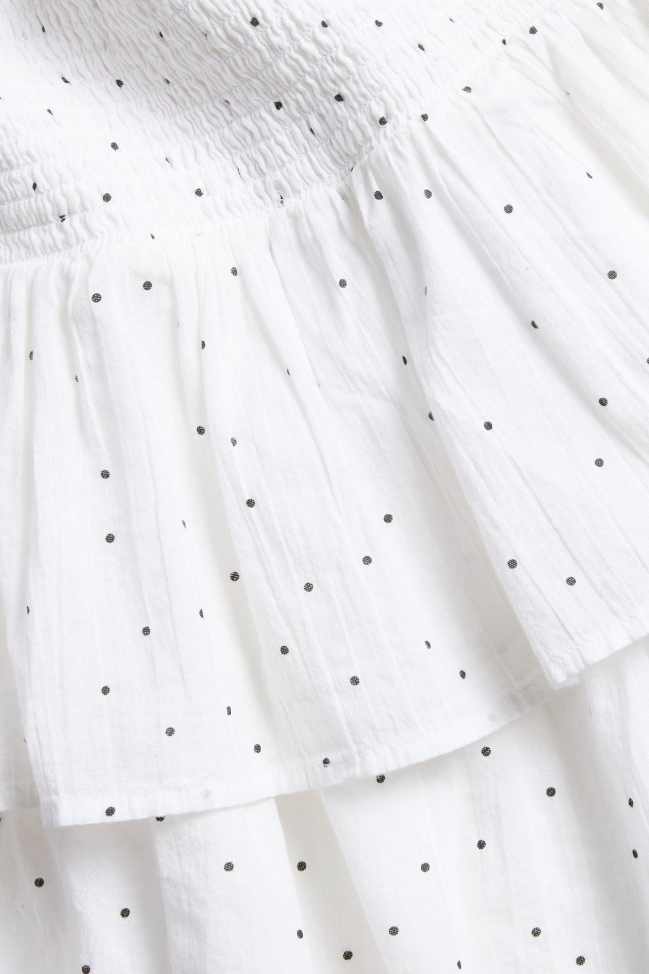 Närbild på en vit bomullskjol med volanger, smockmidja och svart prickigt mönster.