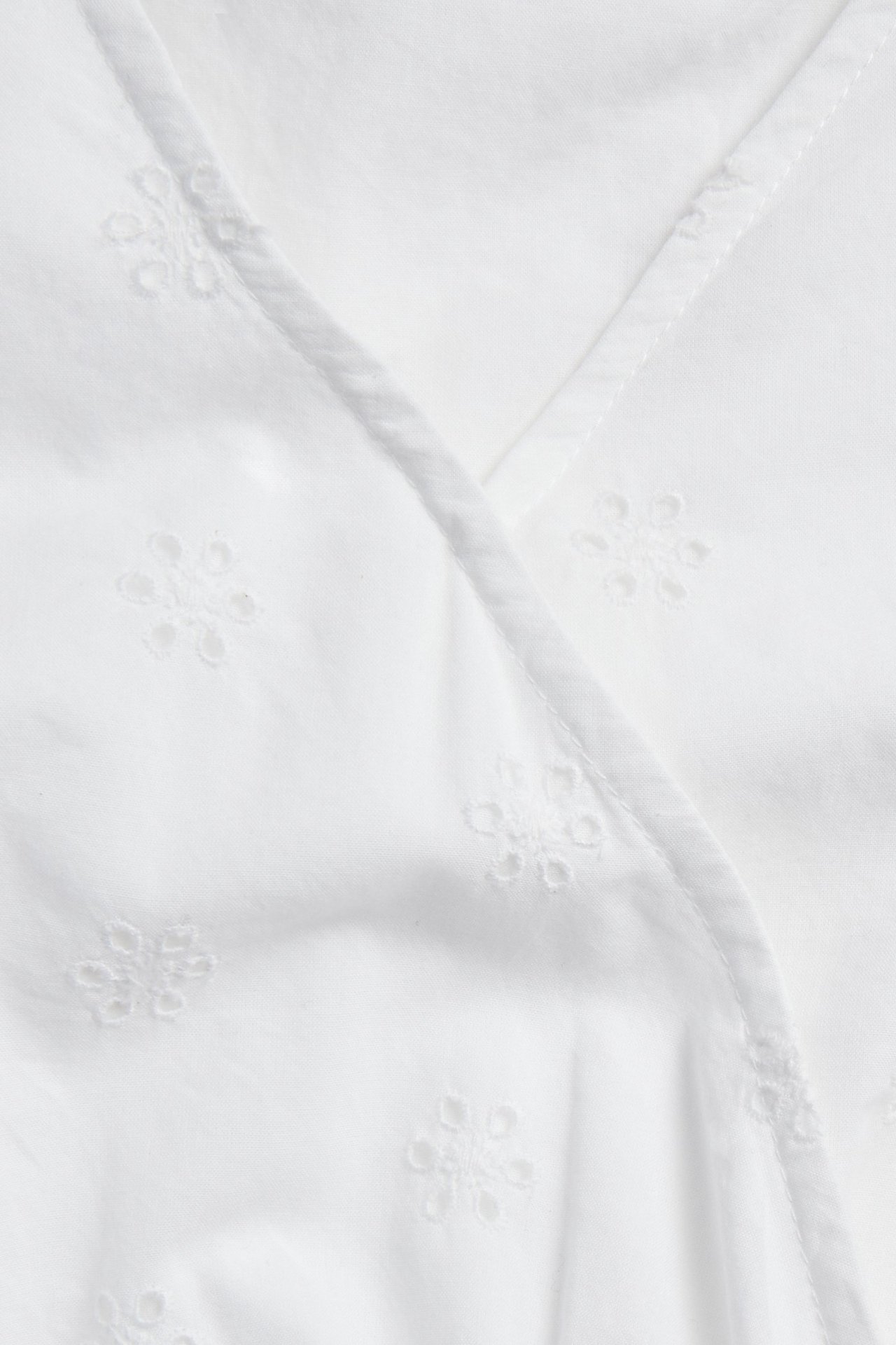 Lähikuva valkoisesta puuvillamekosta, jossa koristeellinen broderie anglaise -reikäkuvio ja V-pääntie.