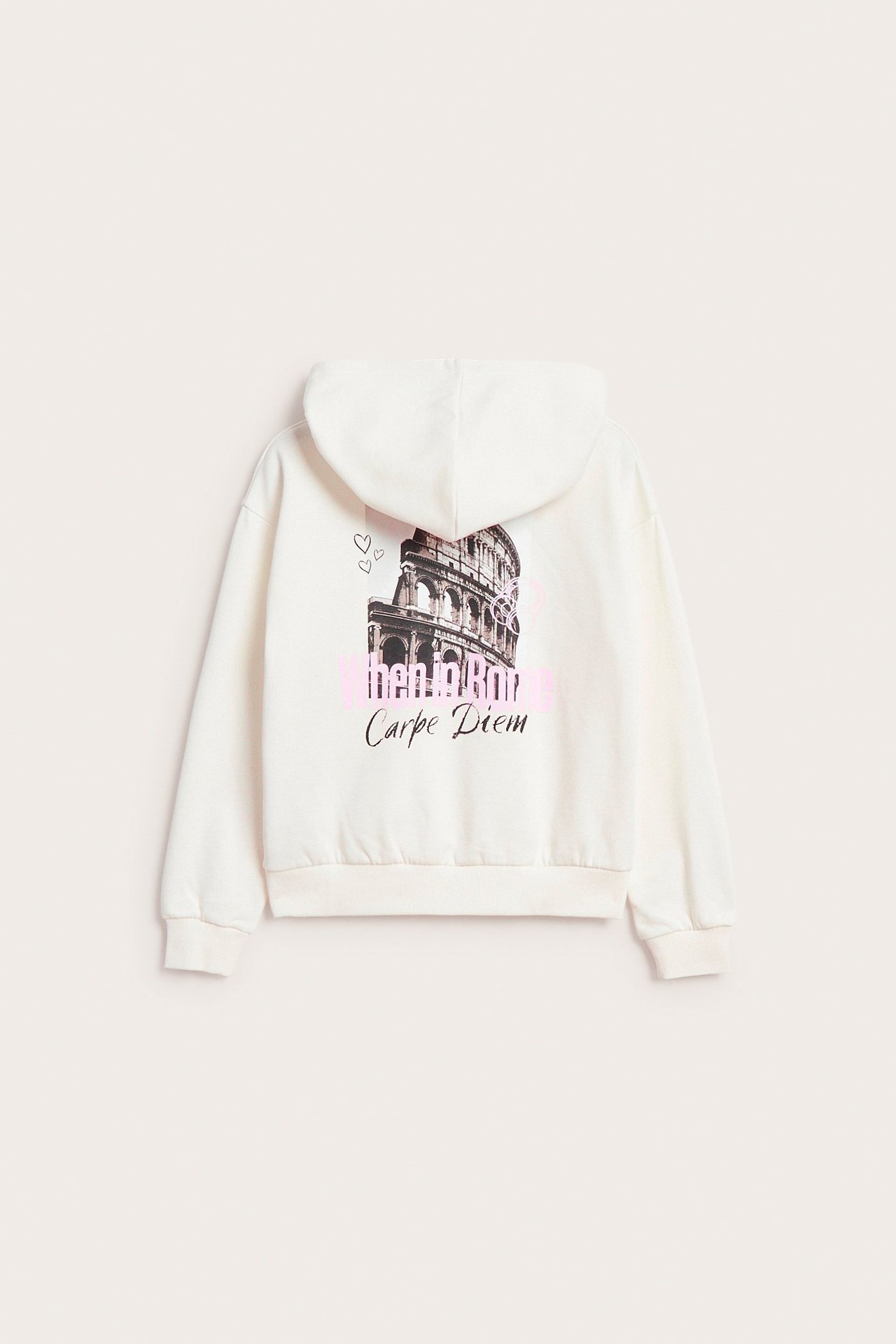 Widok z tyłu na ecru bluzę z kapturem z grafiką Koloseum i tekstem.
