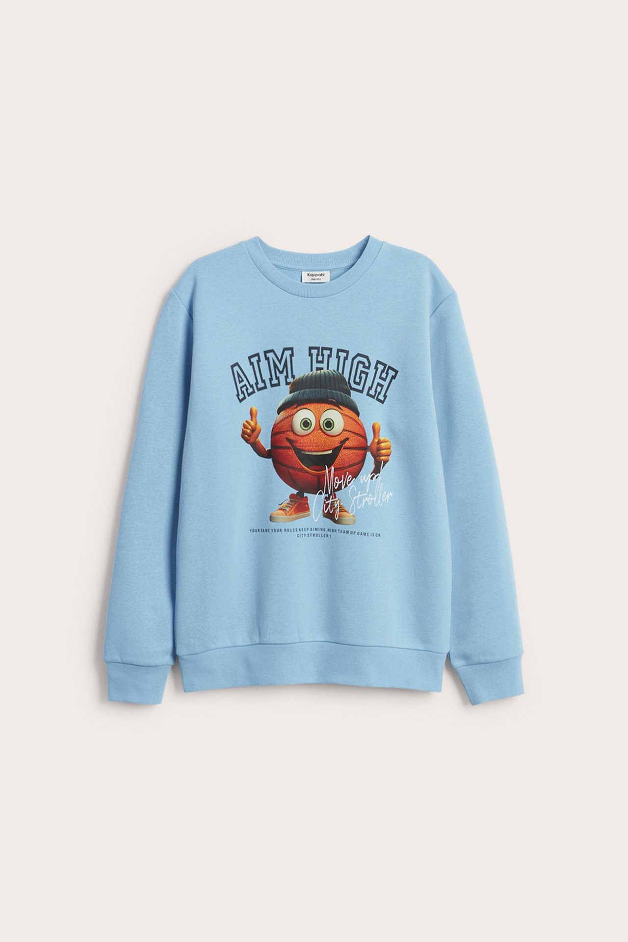 Widok z przodu: dziecięca jasnoniebieska bluza z dużym nadrukiem postaci koszykówki i napisem "AIM HIGH".