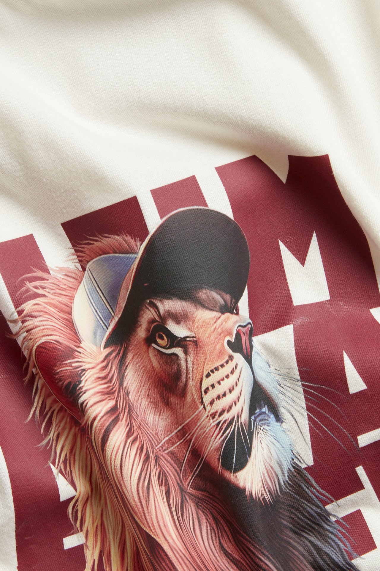 Zbliżenie na bawełniany T-shirt w kolorze ecru z nadrukiem lwa w czapce na przodzie.