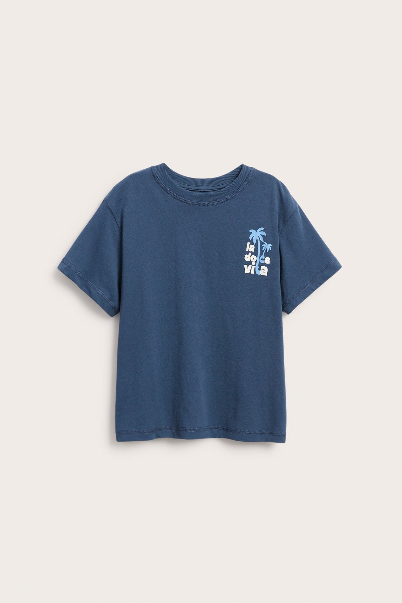 Widok z przodu niebieskiego bawełnianego t-shirtu oversize z małym nadrukiem palm i tekstem na piersi.