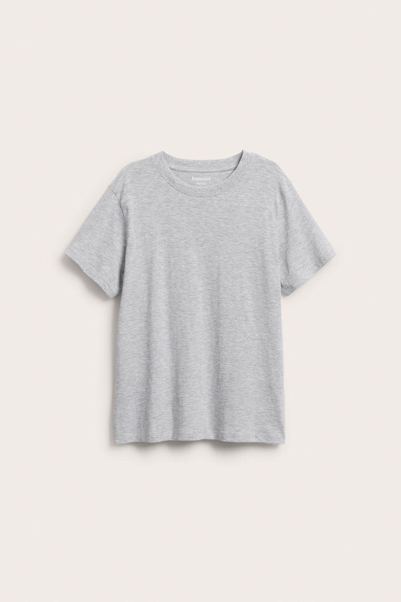 Frontvy av en ljusgråmelerad kortärmad T-shirt för barn med ribbad rund halsringning.