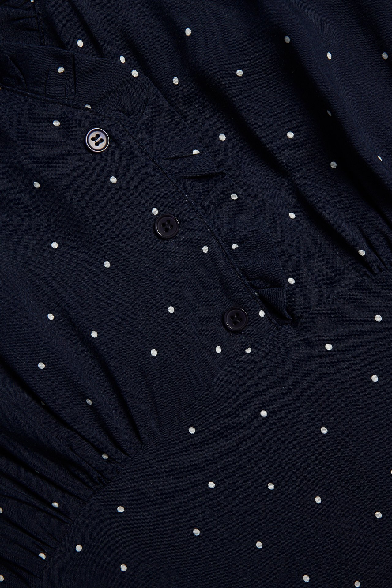 Zbliżenie granatowej sukienki z wiskozy w białe groszki, z falbanką i guzikami.