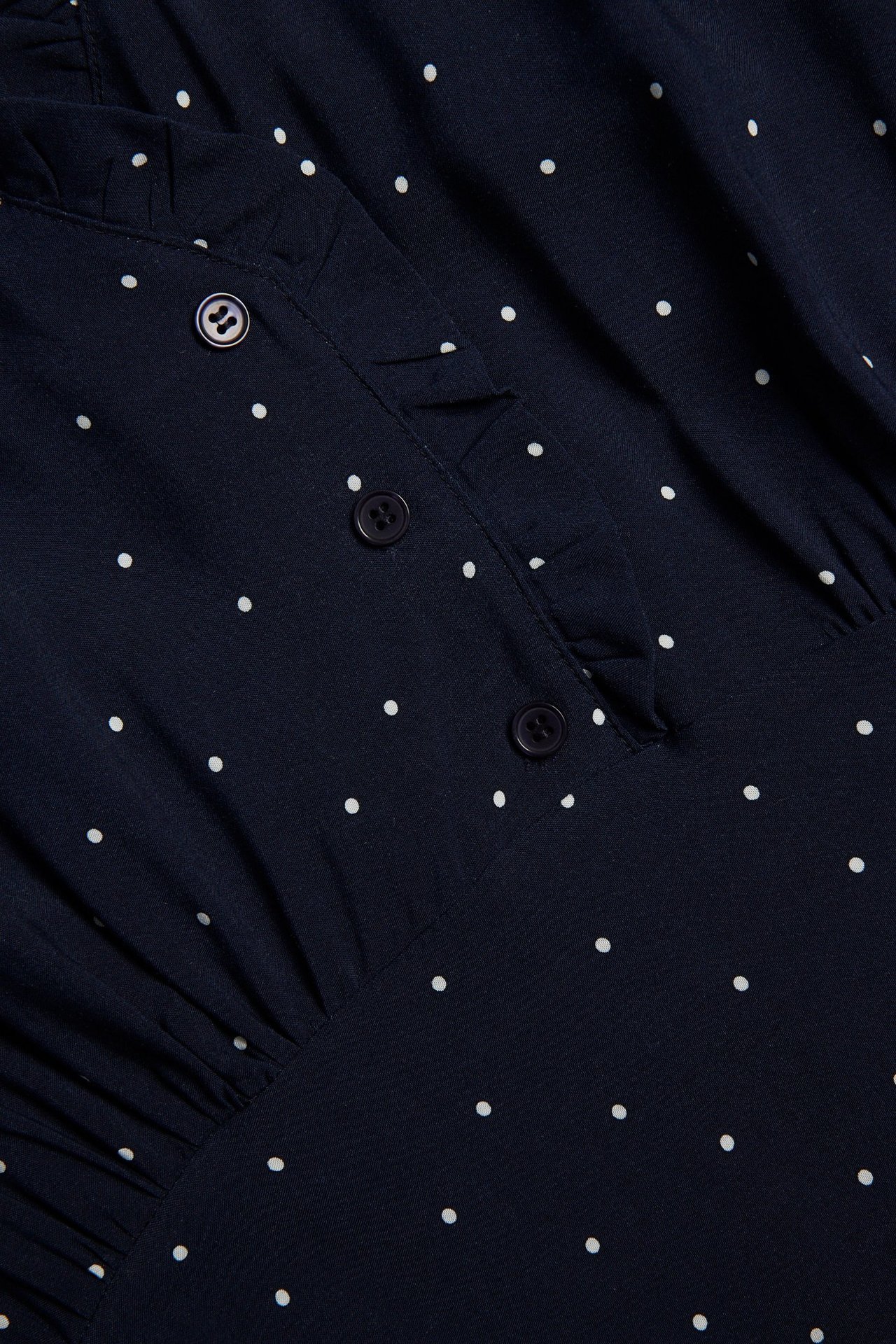 Närbild av en mörkblå prickig viskosklänning med volangdetalj och knappar.