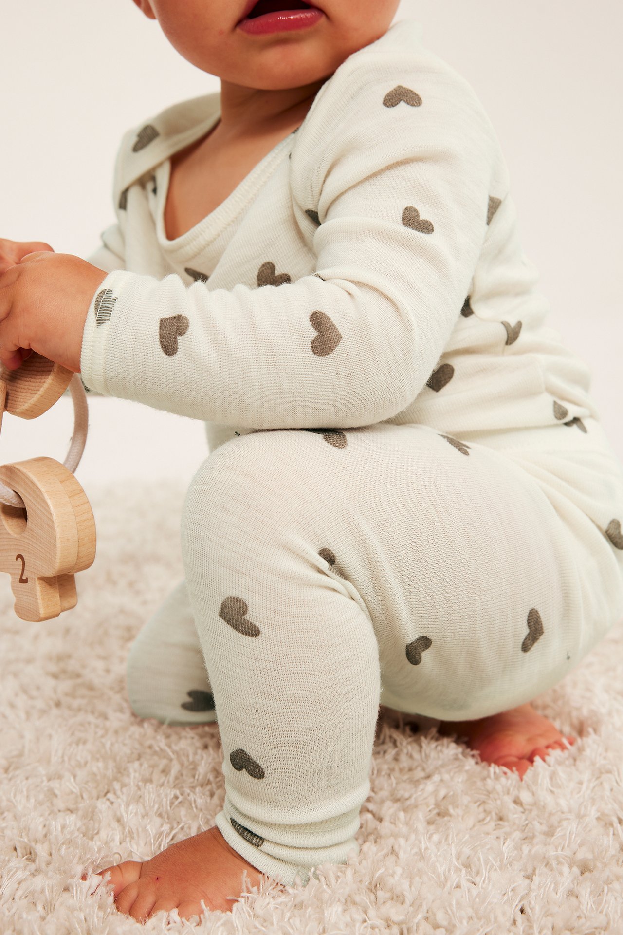 Legginsy w serduszka z wełny merino - Jasnobeżowy - 4
