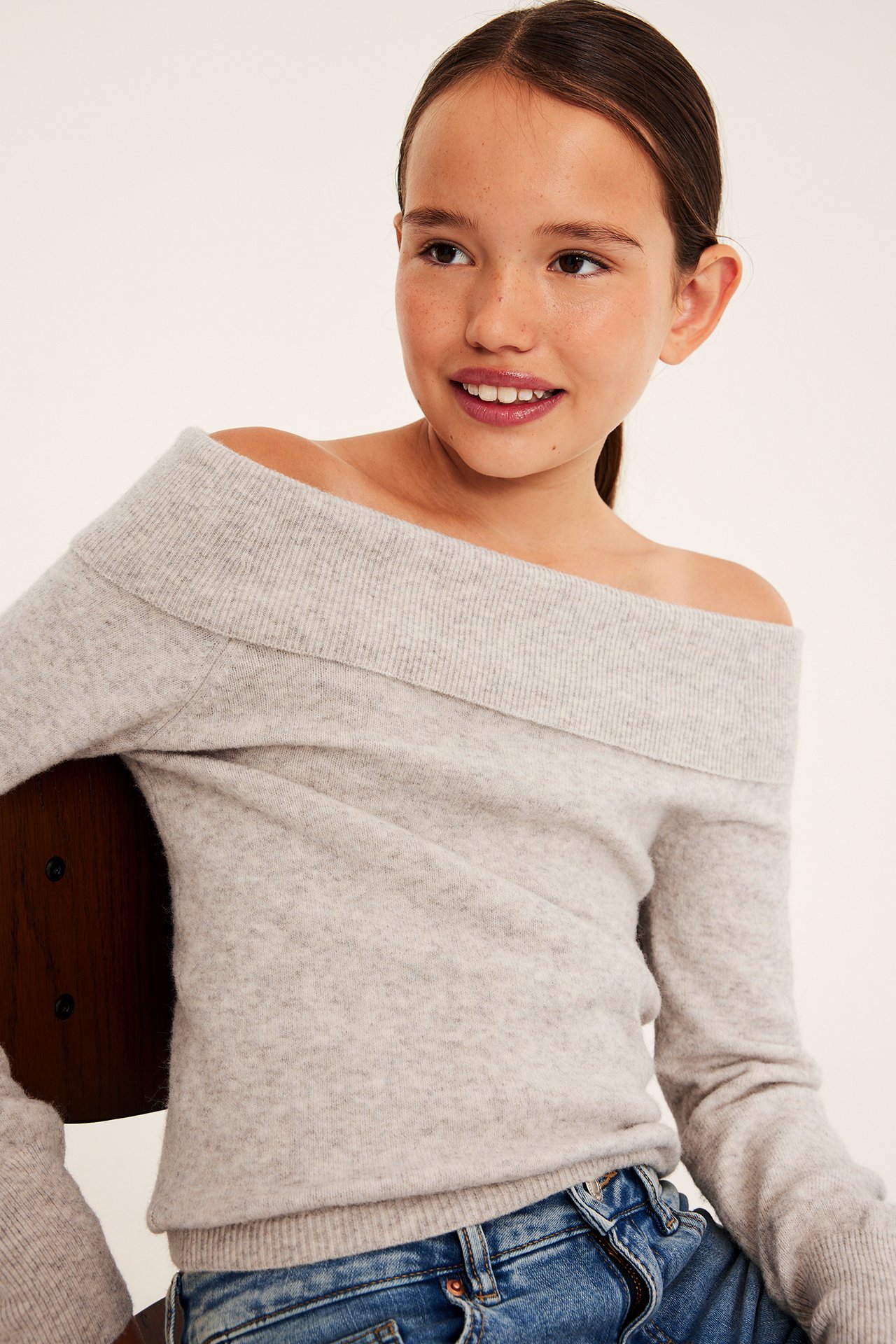 Strikket off shoulder-topp - Melert beige - 4
