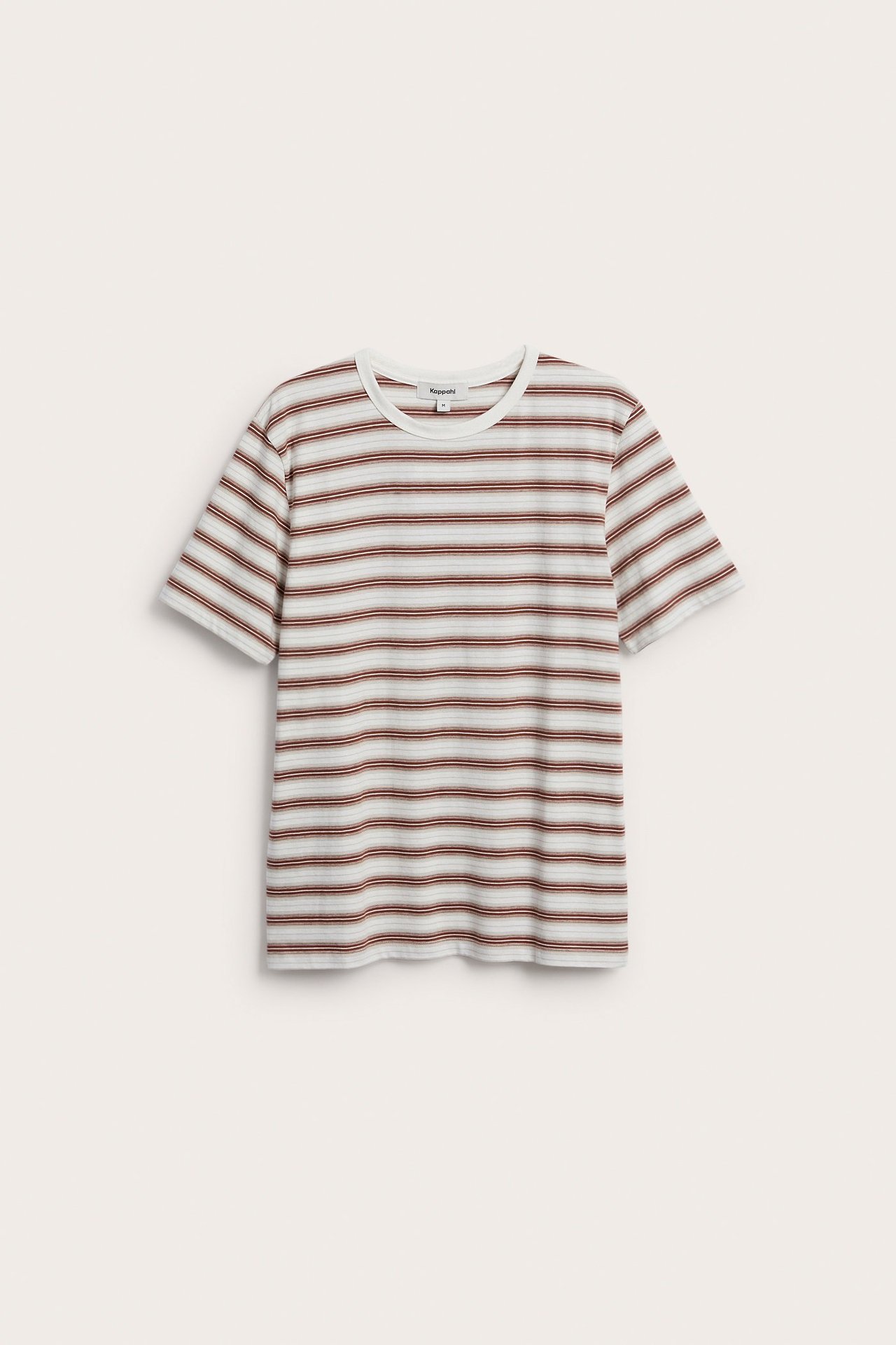 Edestä: Miesten regular-istuva puuvilla t-paita ruskeilla raidoilla ja o-pääntiellä.