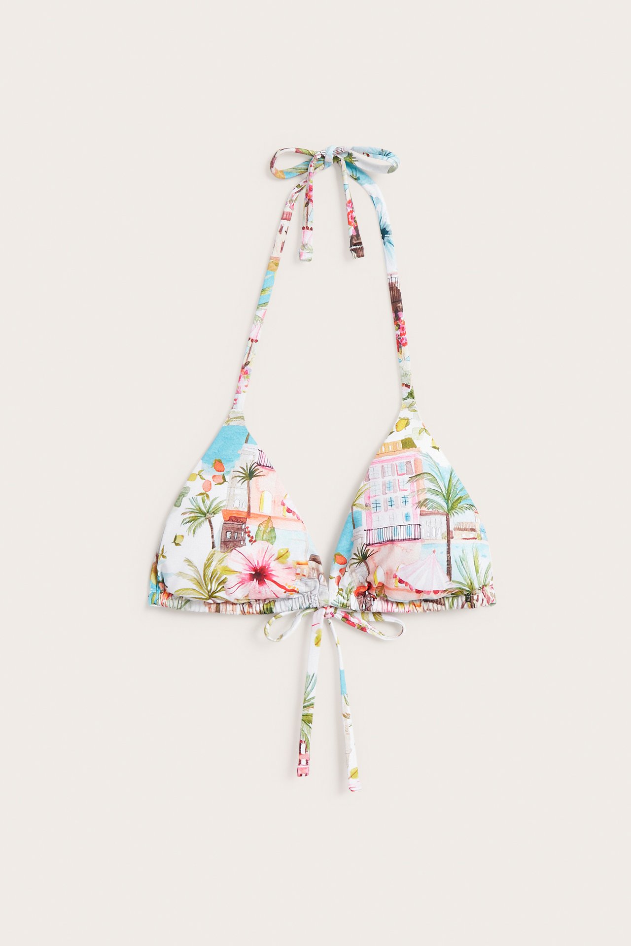 Edestä, pehmustettu kolmiobikinitoppi monivärisellä kesäprintillä, kaulan ja edustan solmittavilla naruilla.