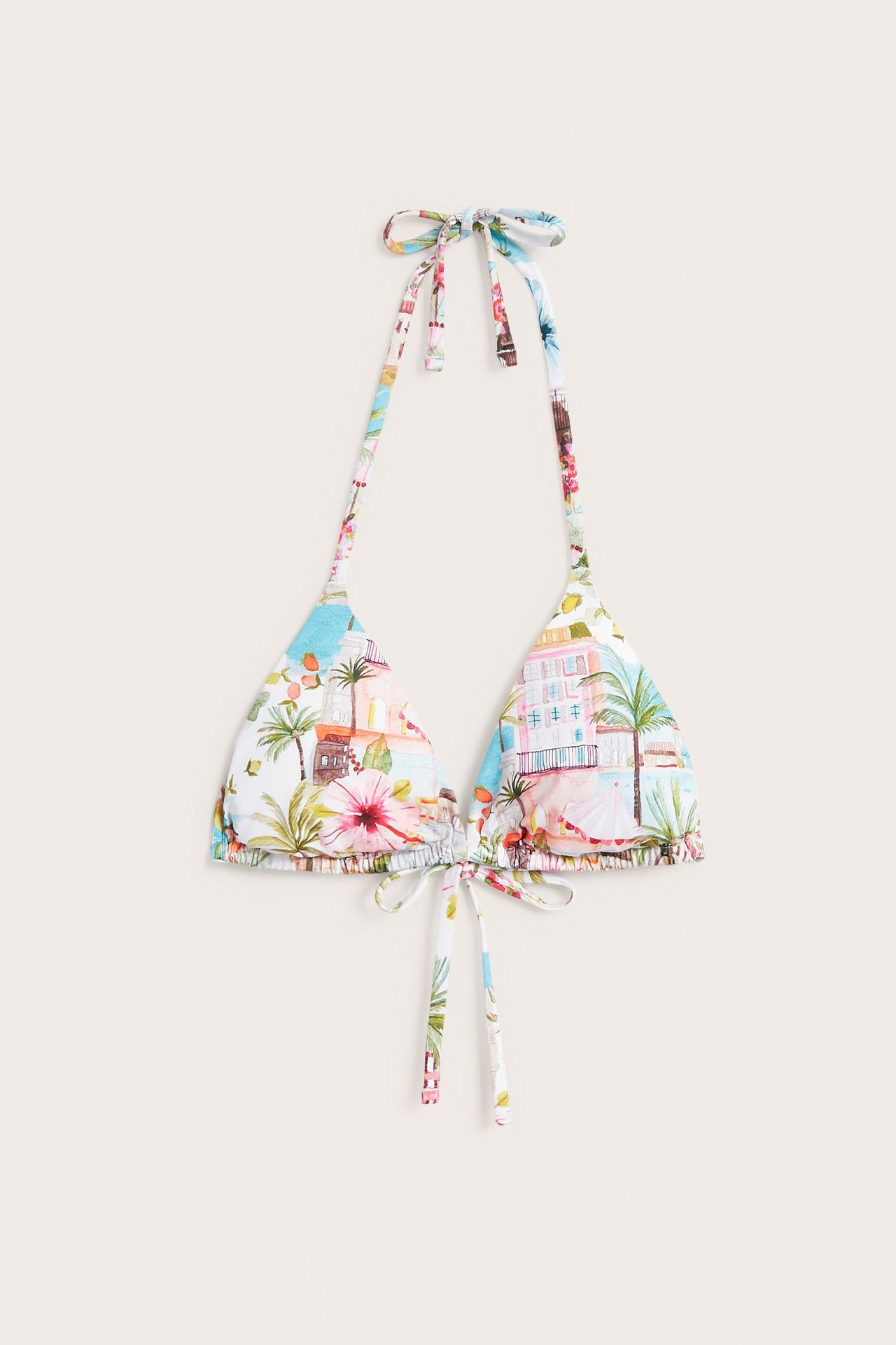 Przedni widok: usztywniany trójkątny top bikini z letnim nadrukiem, wiązany na szyi i z przodu.