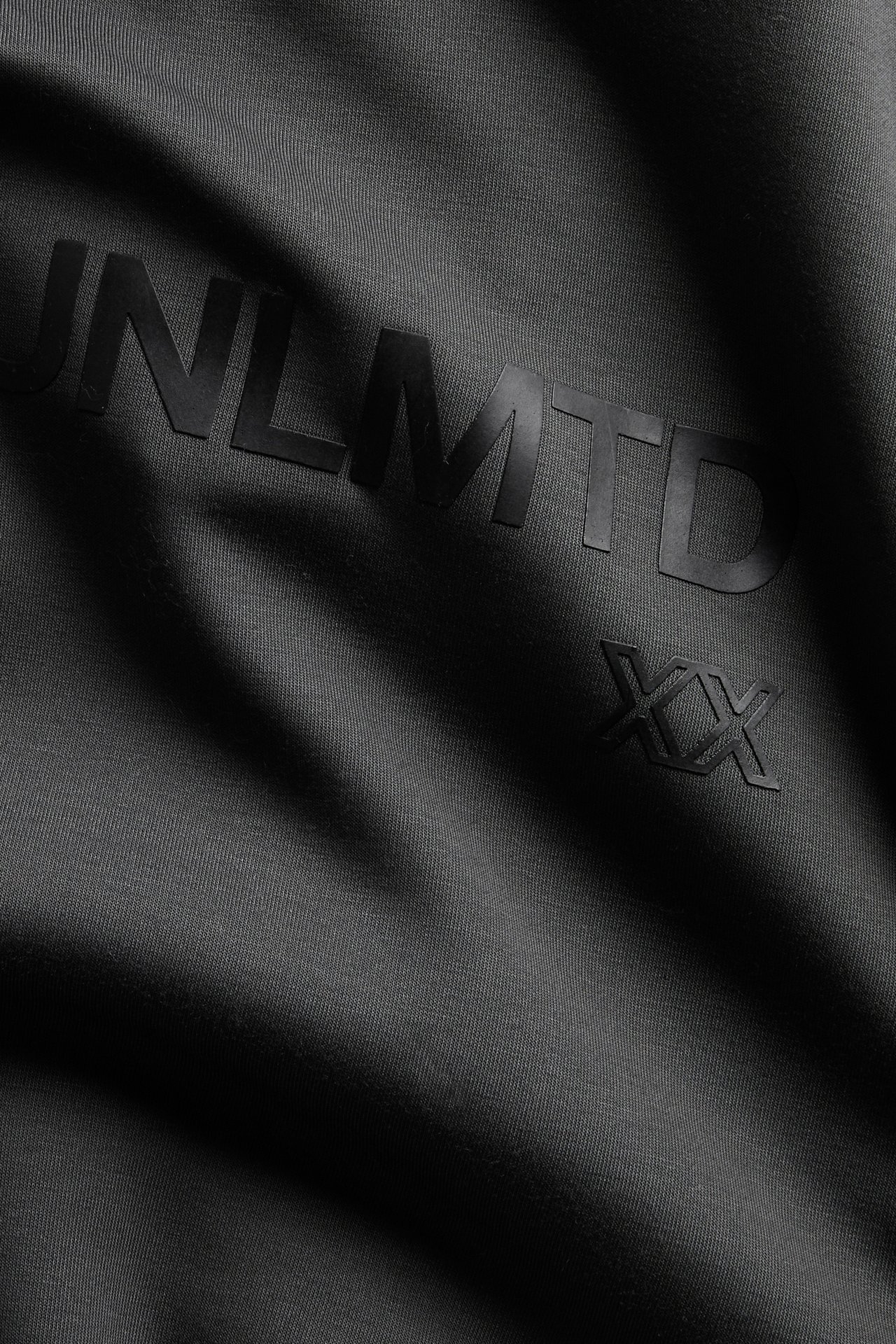 Närbild på en mörkgrå sweatshirt med präglad 'UNLMTD'-text och 'XX'-symbol.