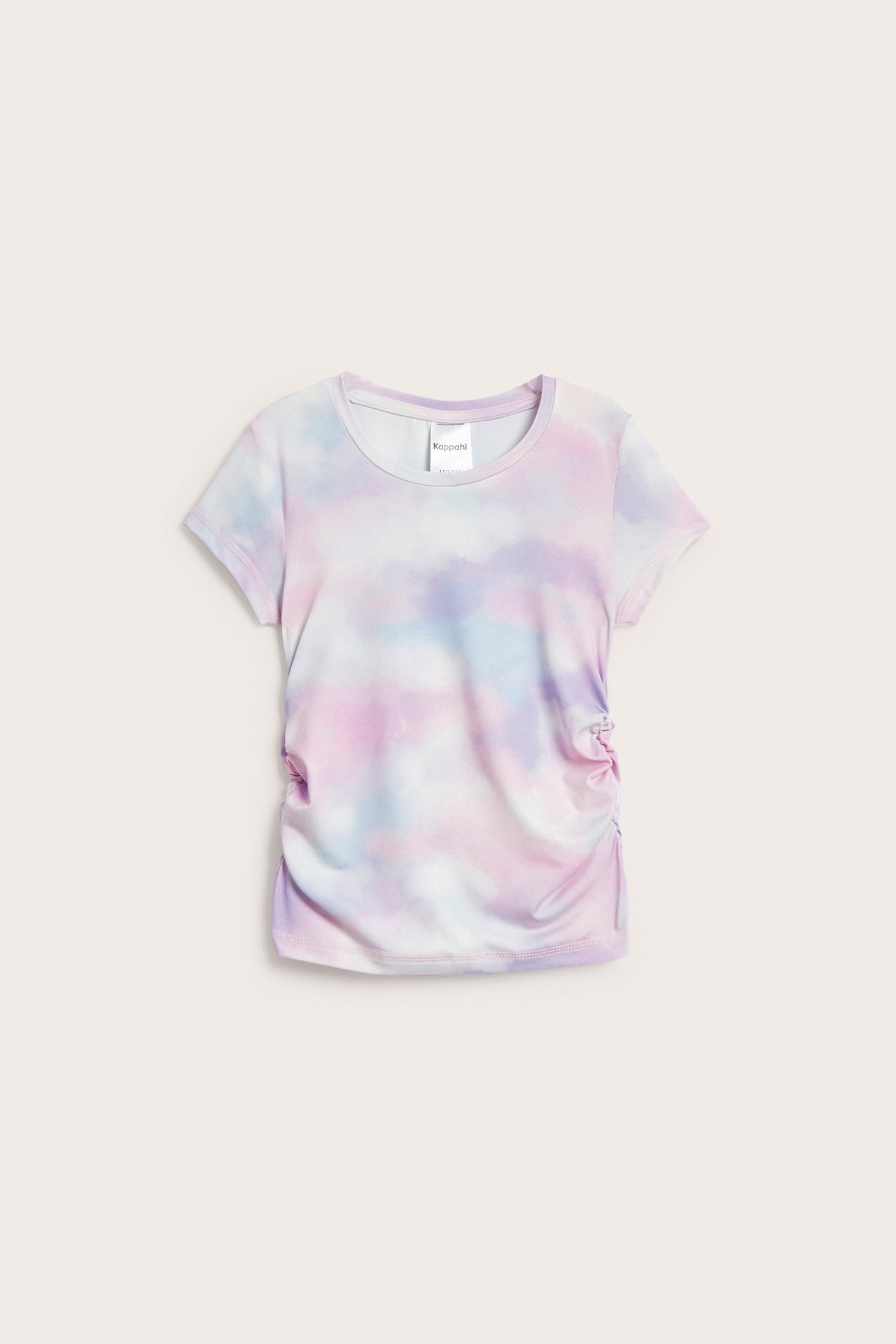 Edestä kuvattu lasten lyhythihainen tie dye -urheilutoppi vaaleanpunainen, lila, sininen rypytyksillä.