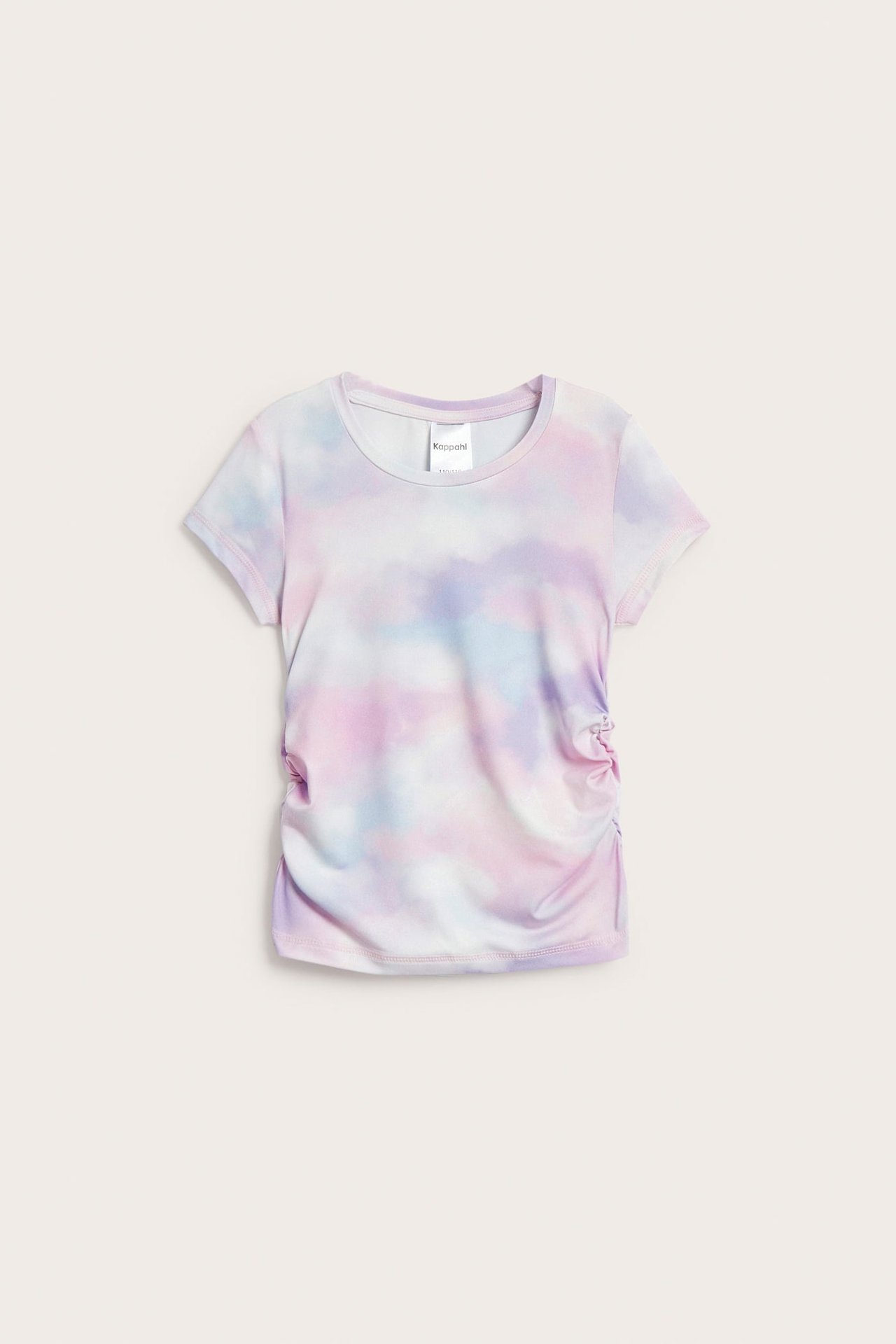 Widok z przodu: dziecięcy sportowy top tie-dye w jasnoróżowym, fioletowym, niebieskim, z marszczeniami.