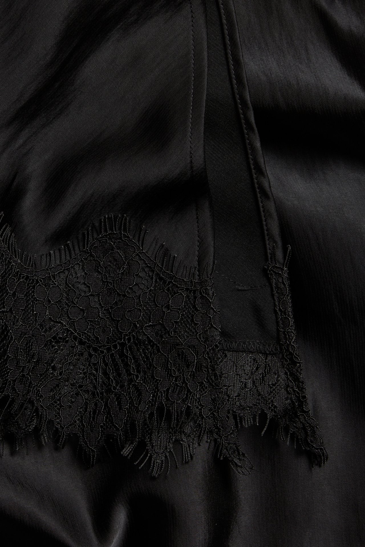 Närbild av ett svart satänglinne med detaljerad svart spets.