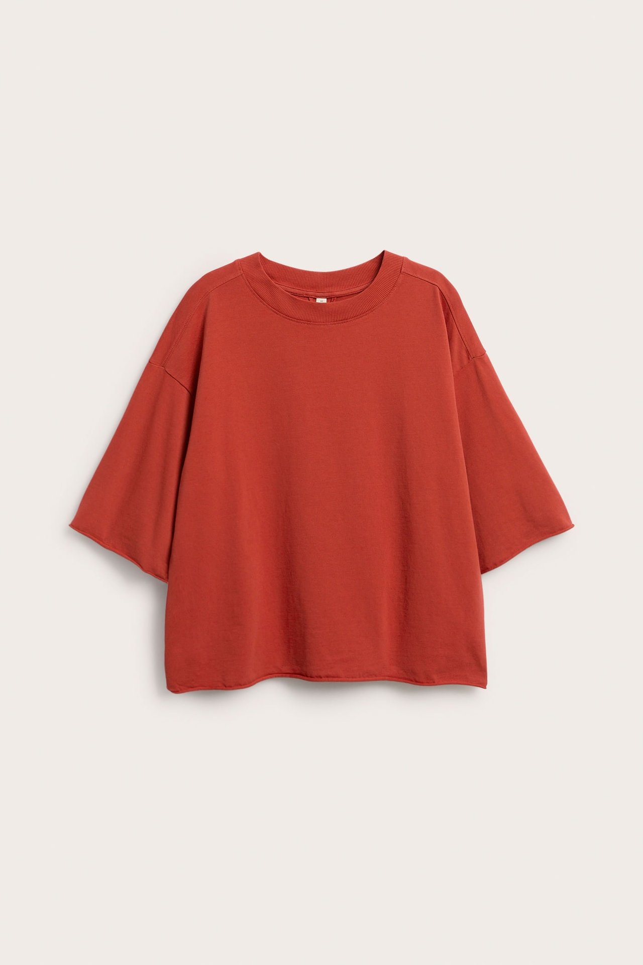 Framifrån: rostfärgad oversized kortärmad t-shirt med rå kant.