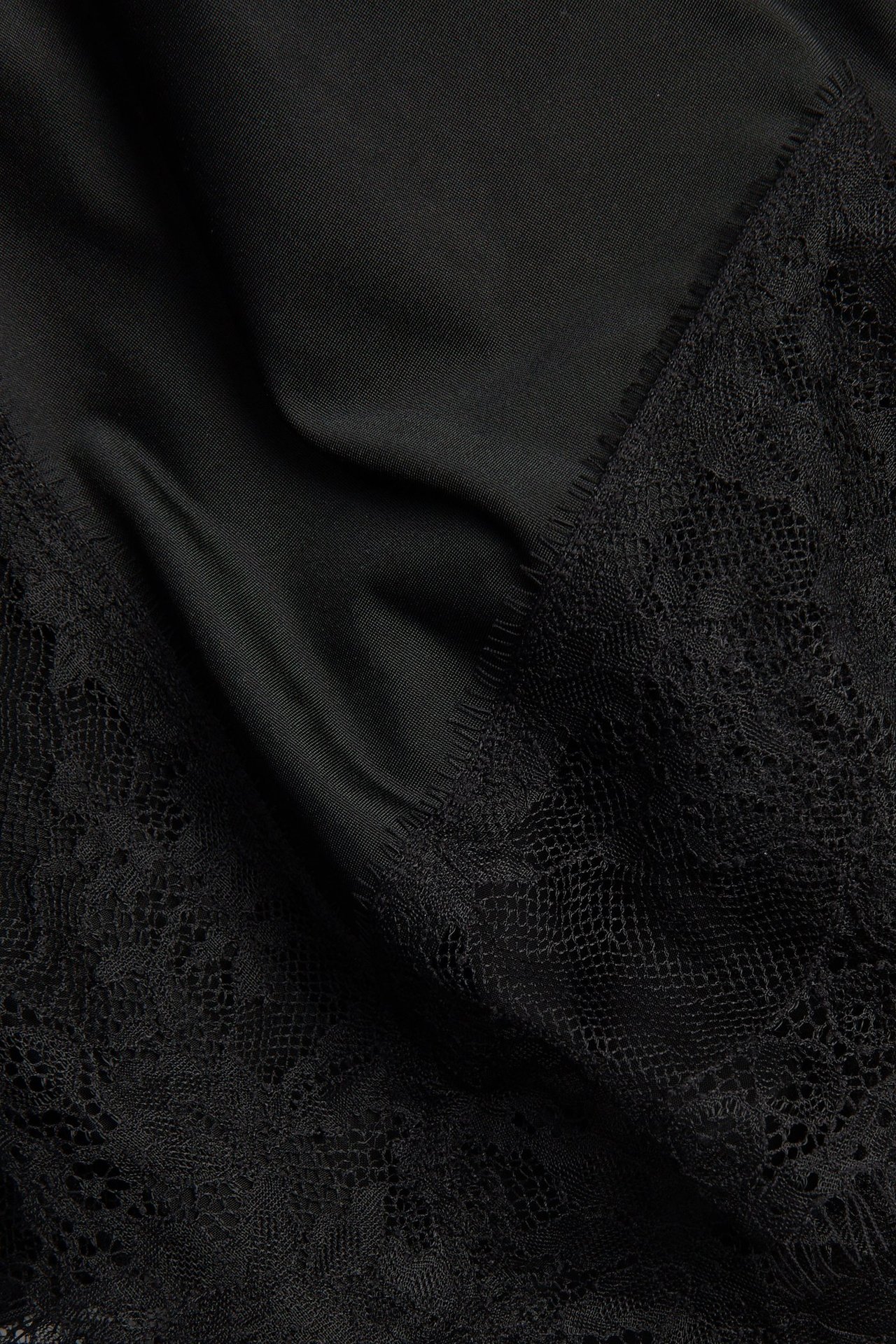 Lähikuva mustasta topista, jossa sileää kangasta ja herkkää mustaa pitsireunaa.
