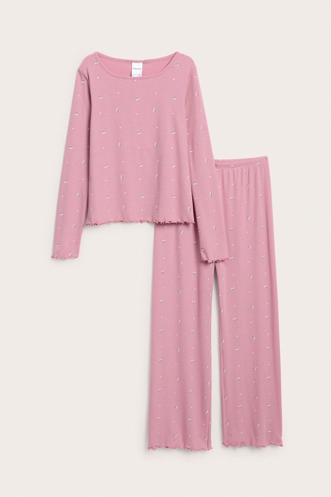 Framsida: rosa ribbad pyjamas med blommigt tryck, långärmad topp och vida byxor.