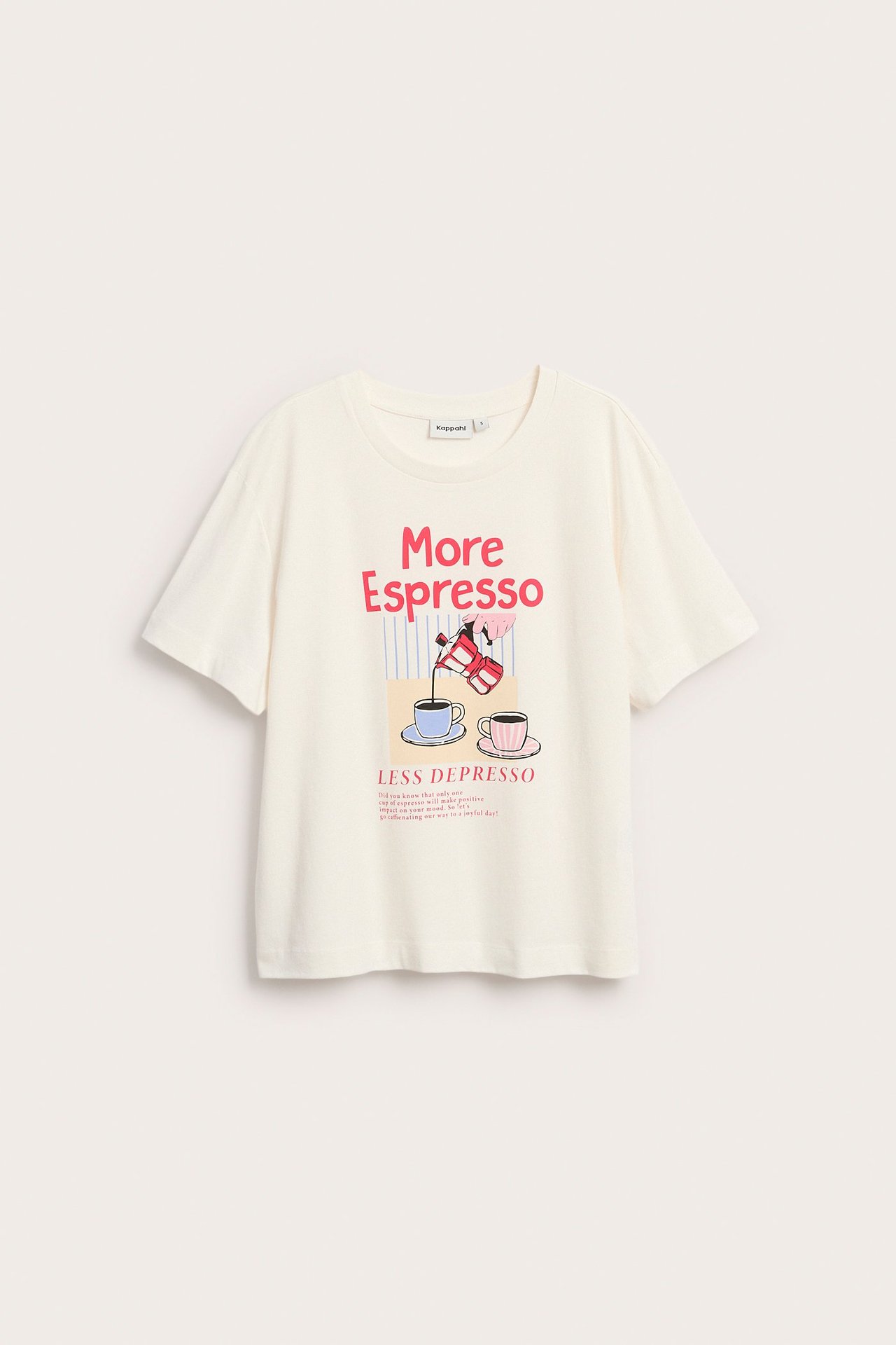Framifrån, vit bomulls-t-shirt med grafiskt tryck "More Espresso Less Depresso".