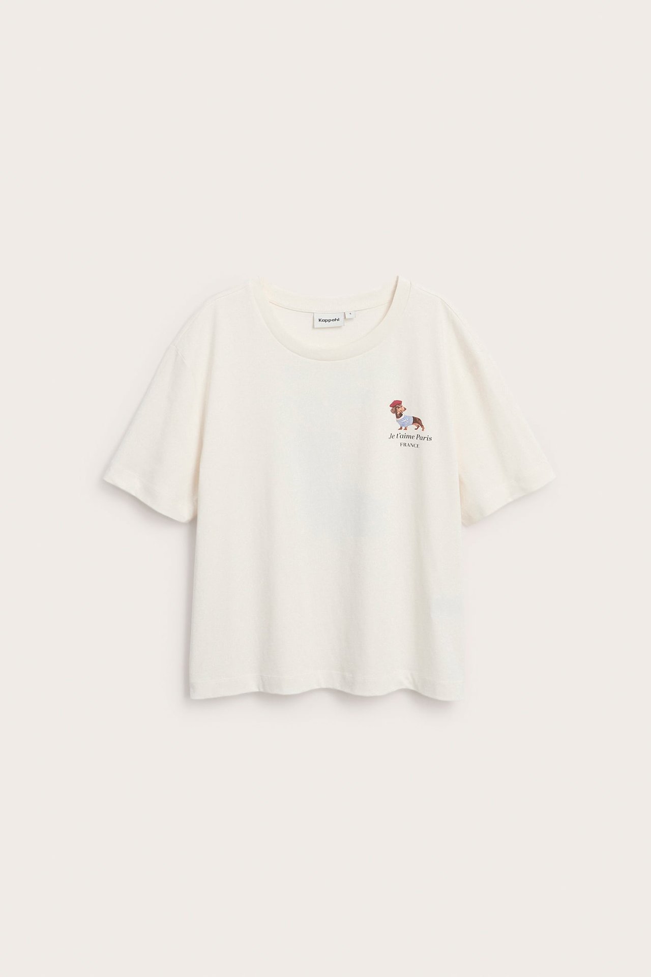Biały bawełniany t-shirt z krótkim rękawem, z przodu nadruk jamnika i "Je t'aime Paris France".