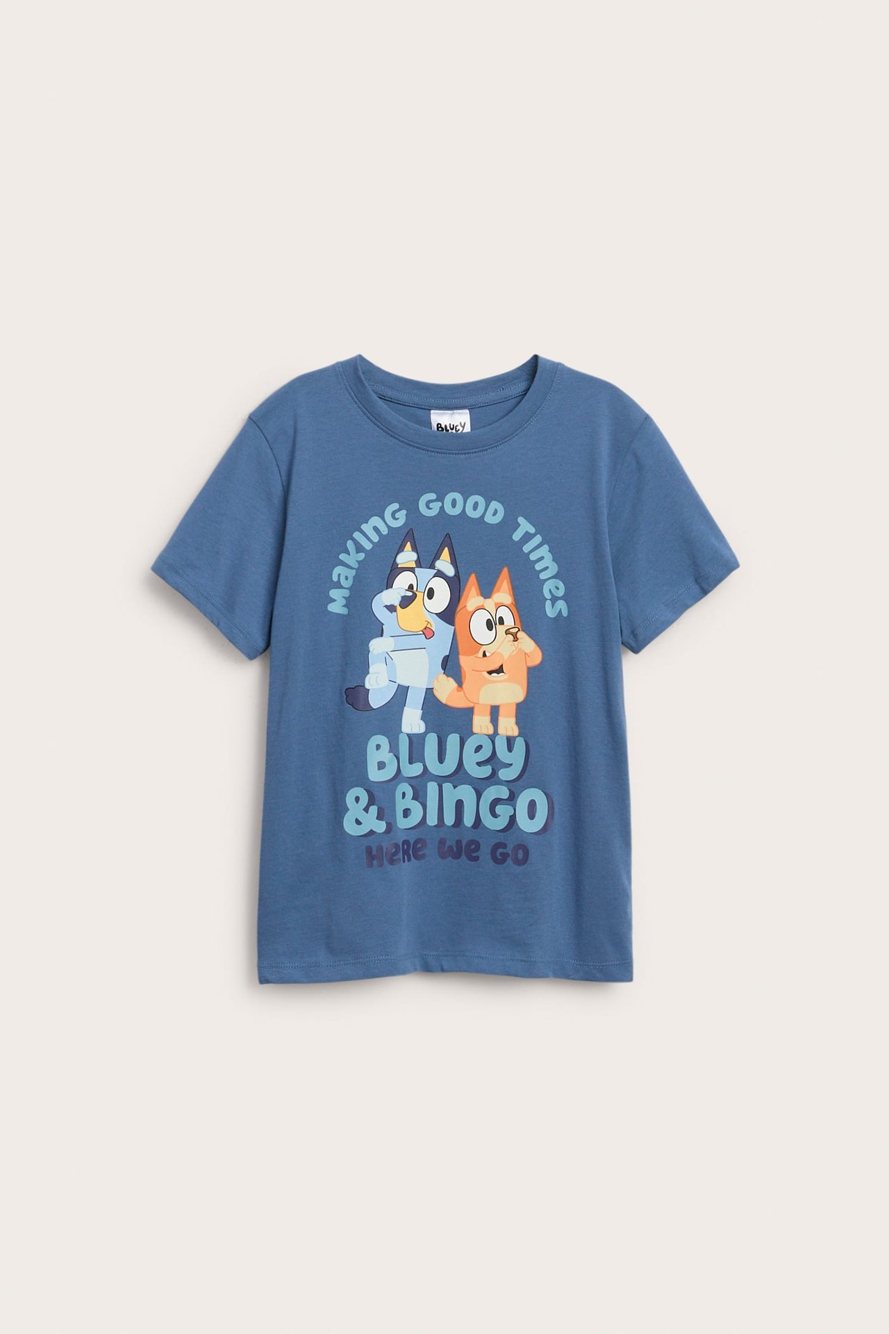 Widok z przodu niebieskiego bawełnianego T-shirtu dziecięcego z nadrukiem Bluey i Bingo.