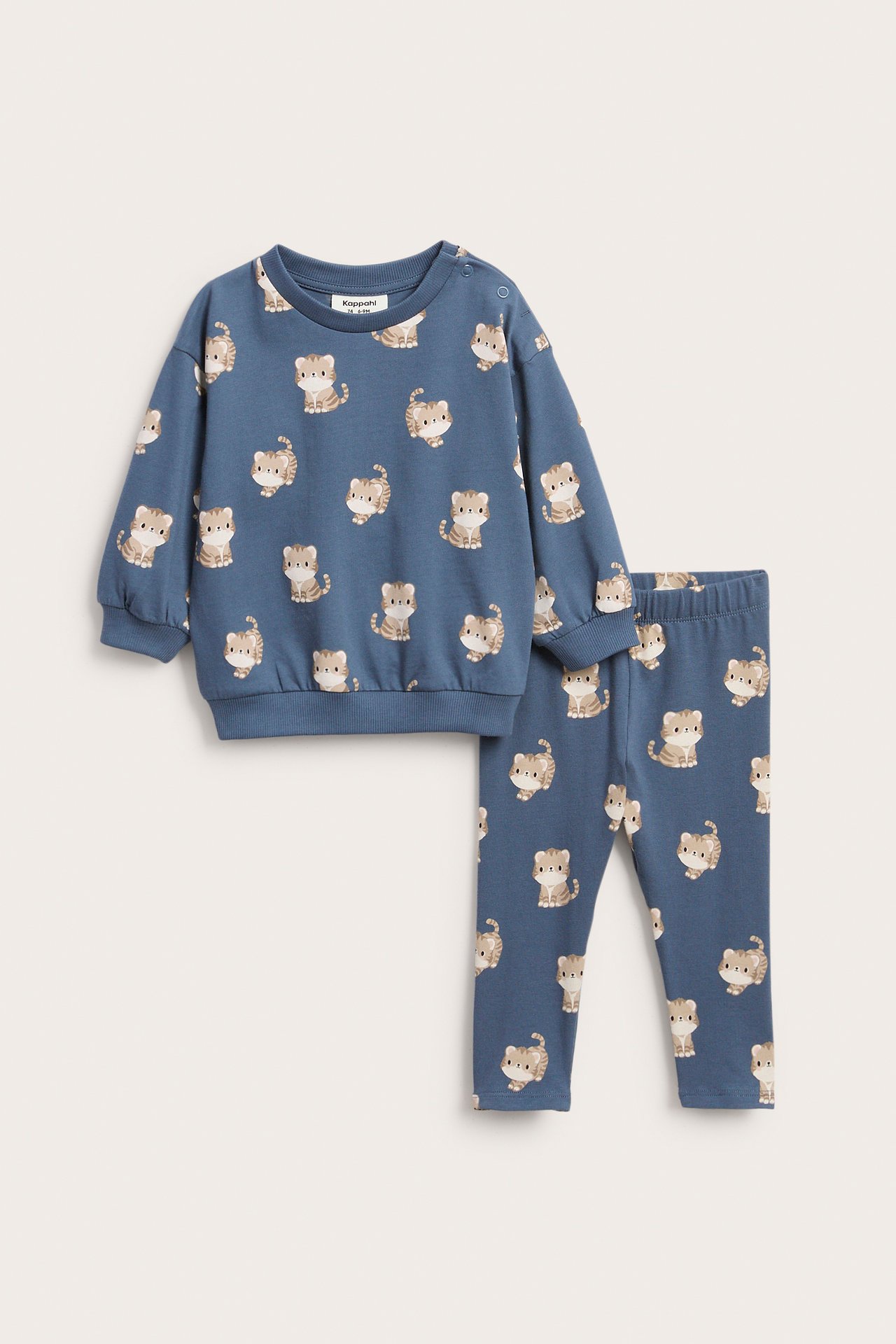 Framifrån: Babys blå sweatshirt och matchande leggings med litet tigertryck.