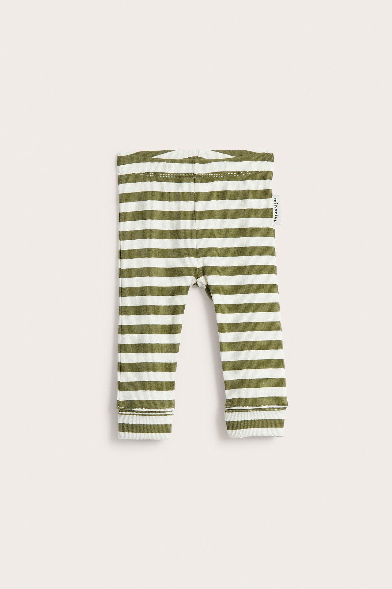 Forfra, baby leggings med grønne og hvite striper, ribbestrikket.