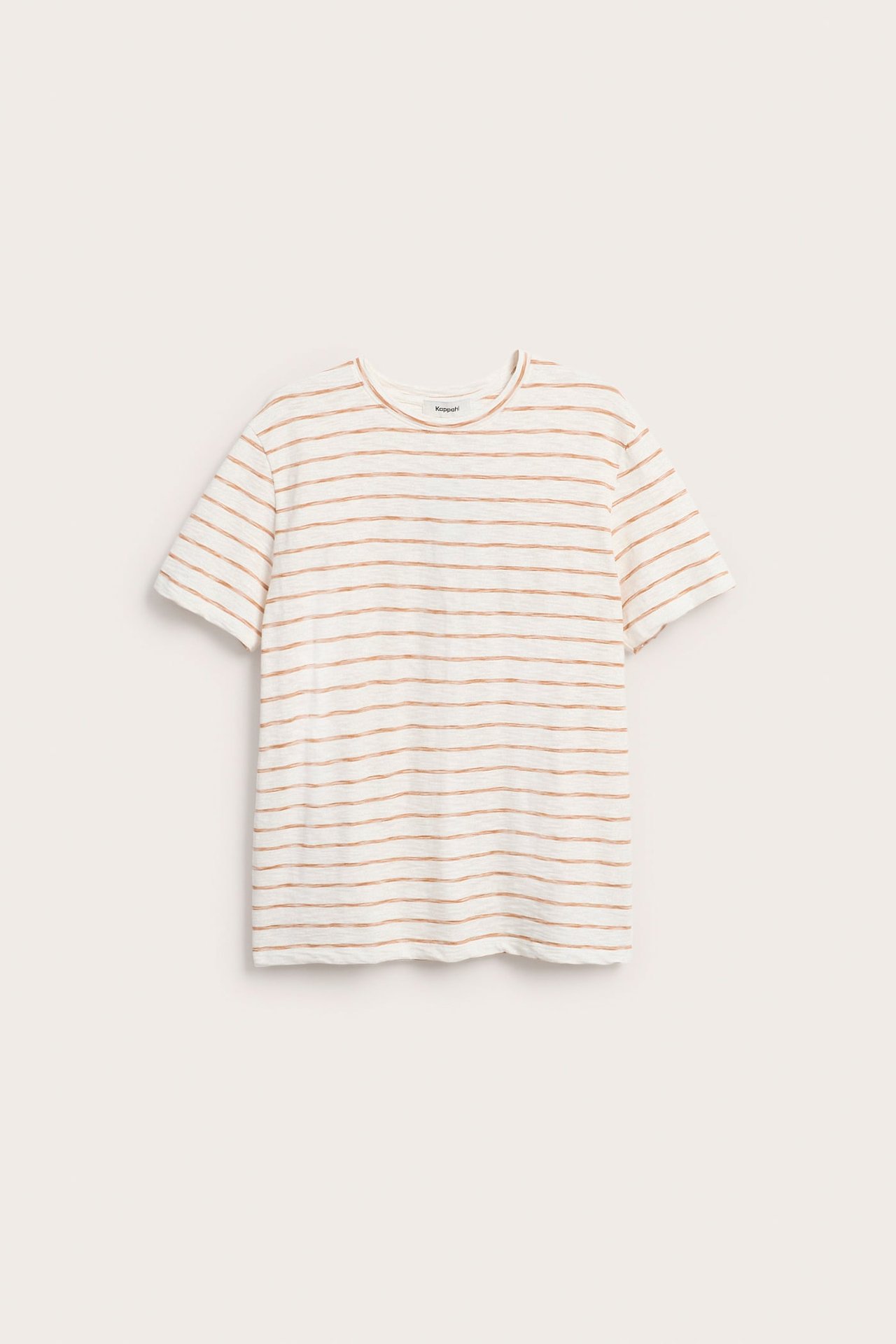 Widok z przodu: ecru bawełniany T-shirt slub w cienkie, jasnobrązowe poziome paski z okrągłym dekoltem.