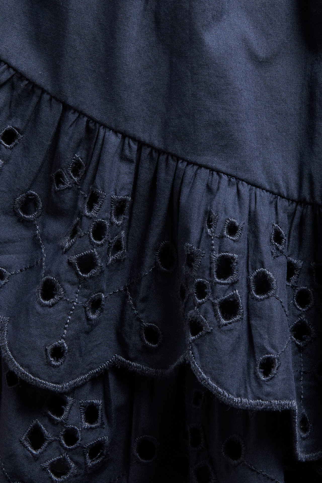 Lähikuva tummansinisestä puuvillaisesta lyhyestä röyhelöhameesta, jossa on broderie anglaise -yksityiskohtia röyhelöissä.