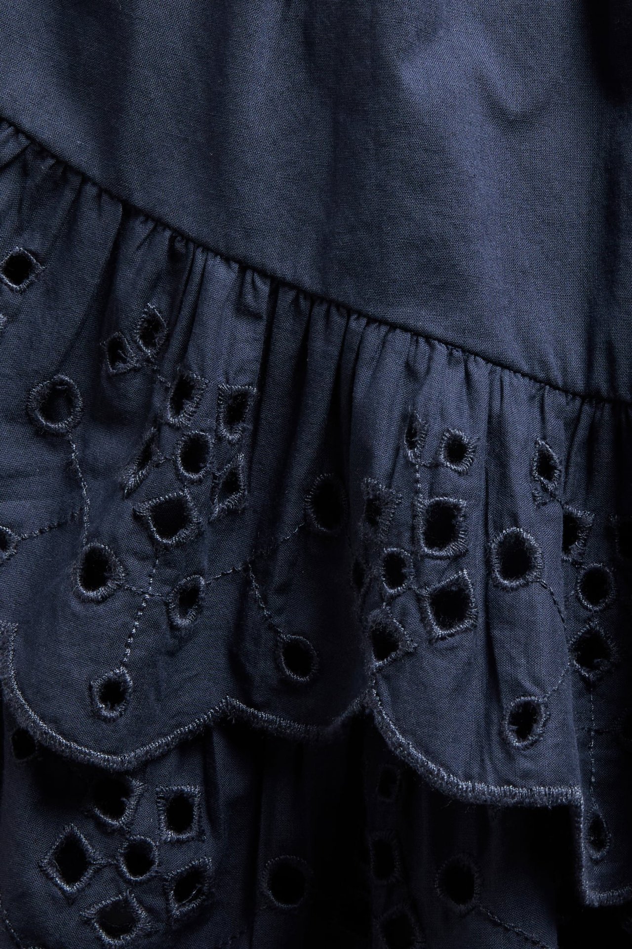 Närbild av en mörkblå kort volangkjol i bomull med broderie anglaise-detaljer på volangerna.