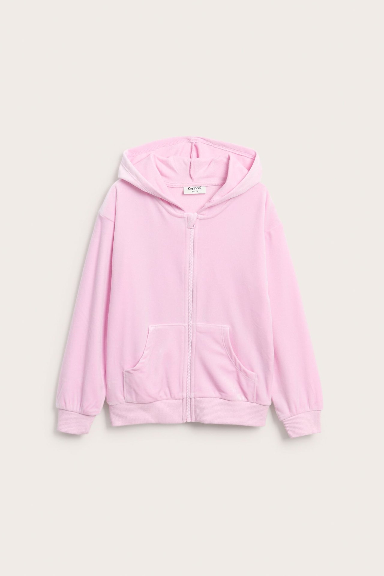 Frontbilde av en rosa velour hettegenser for barn med glidelås og to frontlommer.