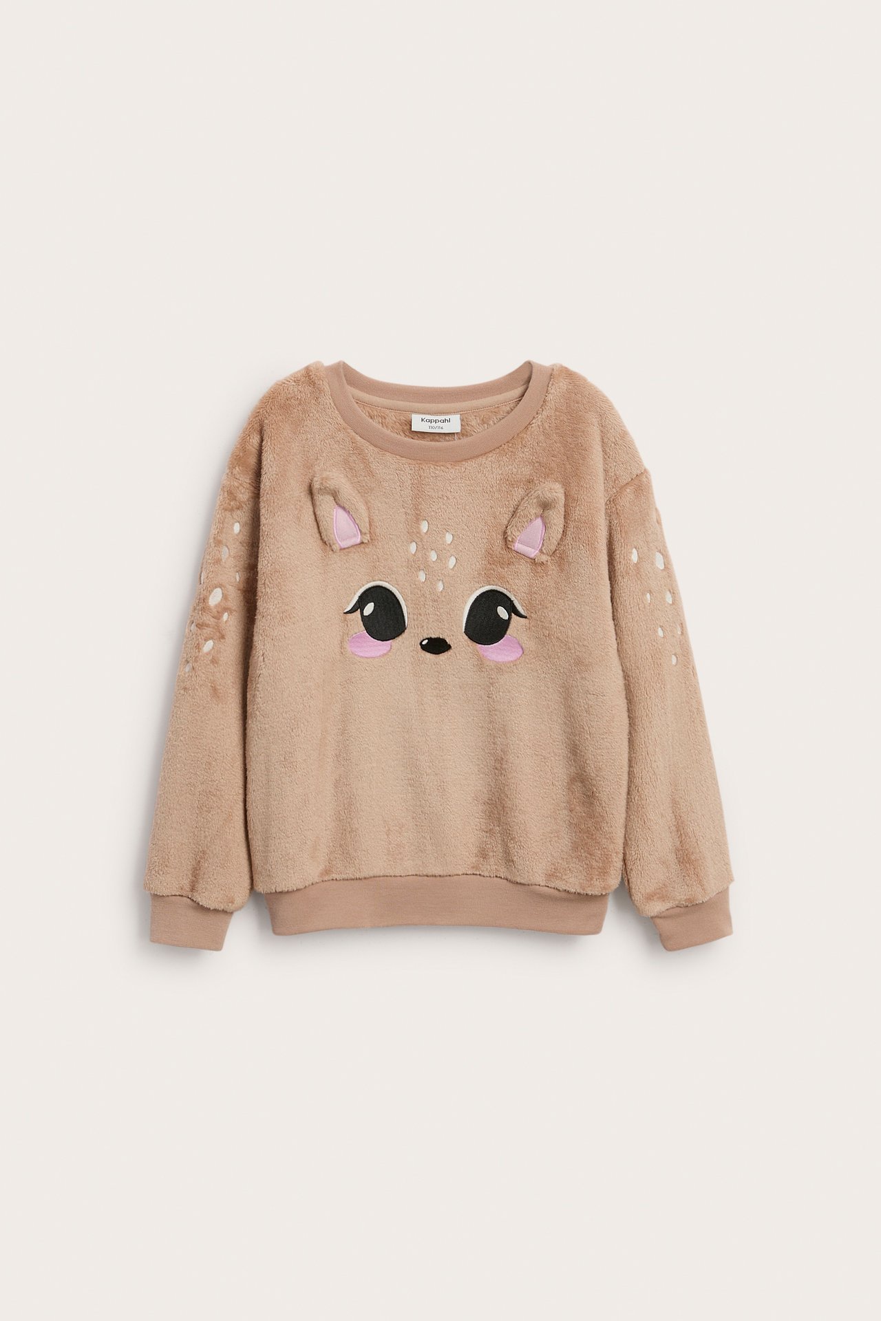 Forfra, barns beige myk genser med rådyransikt broderi og ører.