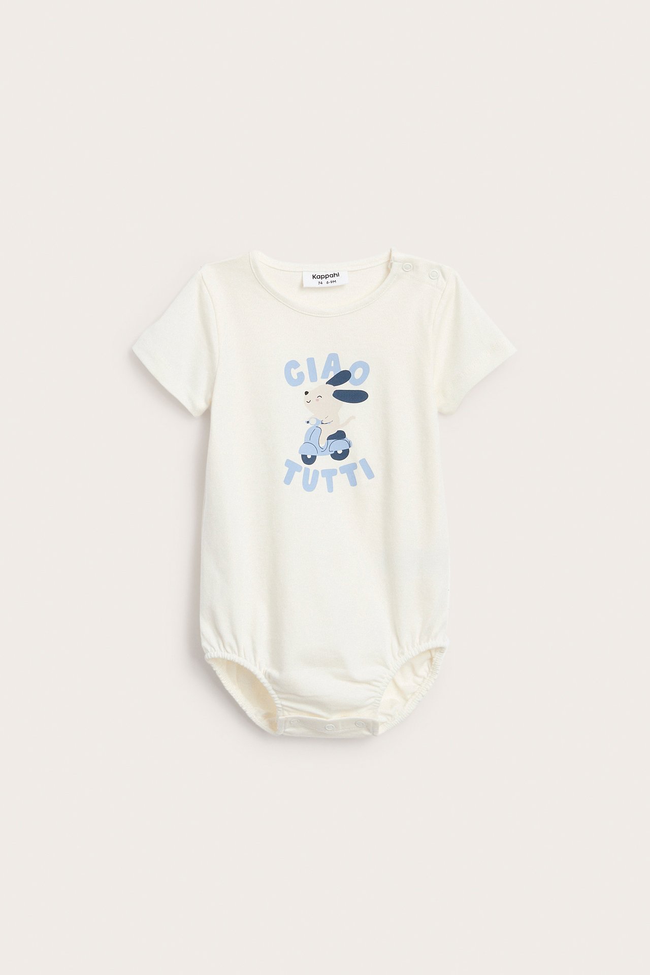 Edestä, luonnonvalkoinen puuvillainen vauvanbody sinisellä koira- ja tekstitrykillä.