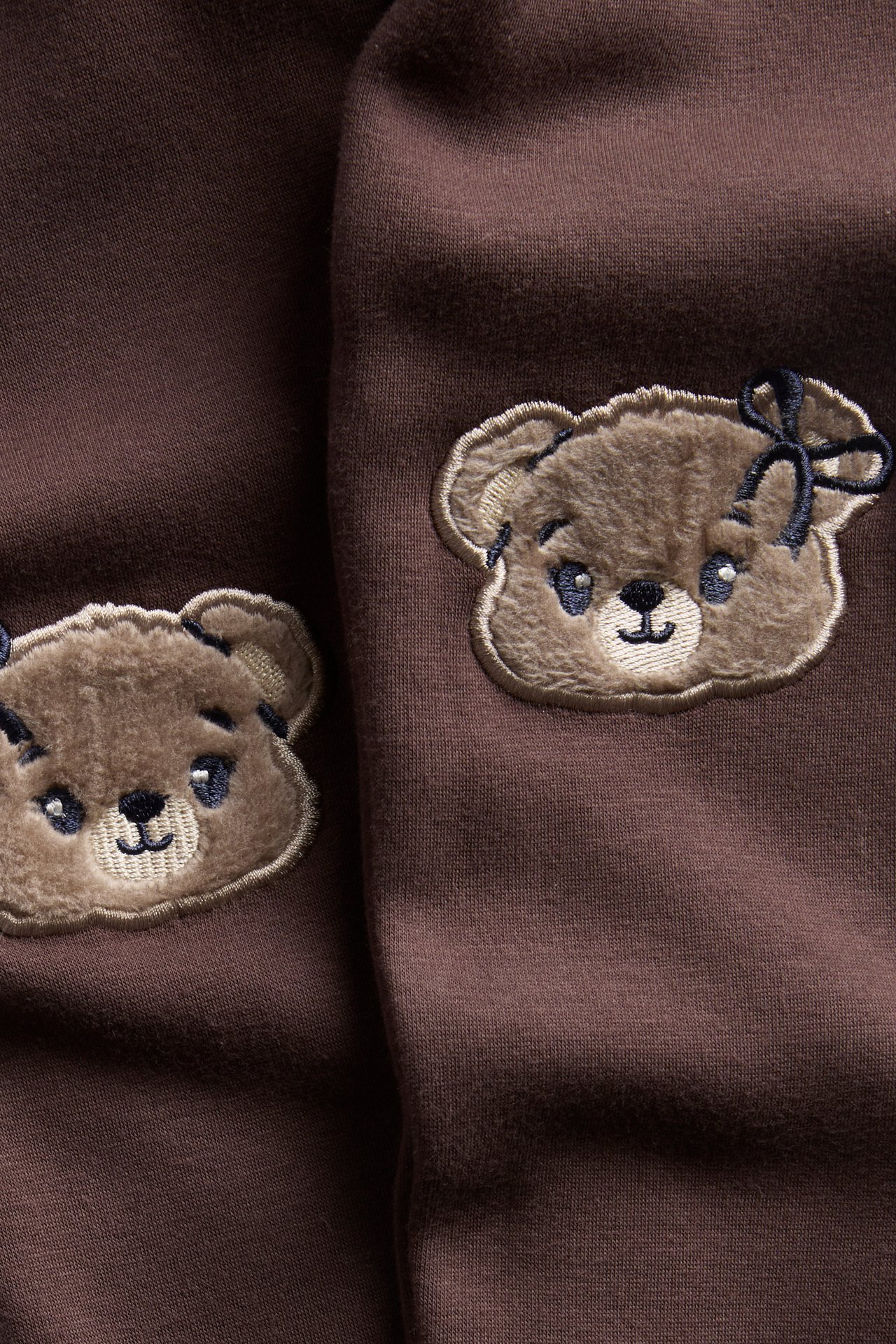 Närbild av brunt plagg med broderade ljusbruna nallebjörnar, en med blå rosett.