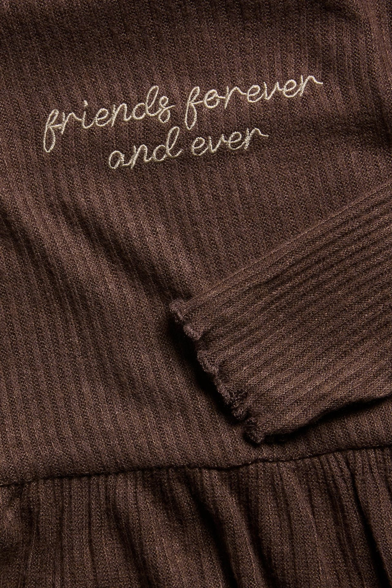 Lähikuva tummanruskeasta ribbipaidasta tekstillä 'friends forever and ever' ja röyhelöhihalla.
