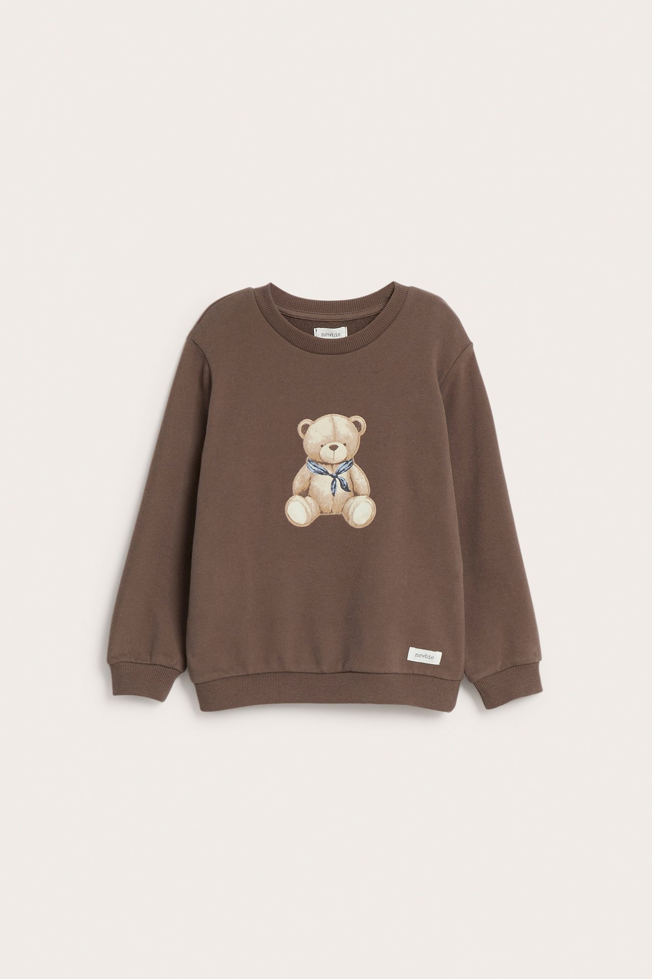 Framifrån, brun barntröja med teddybjörntryck.