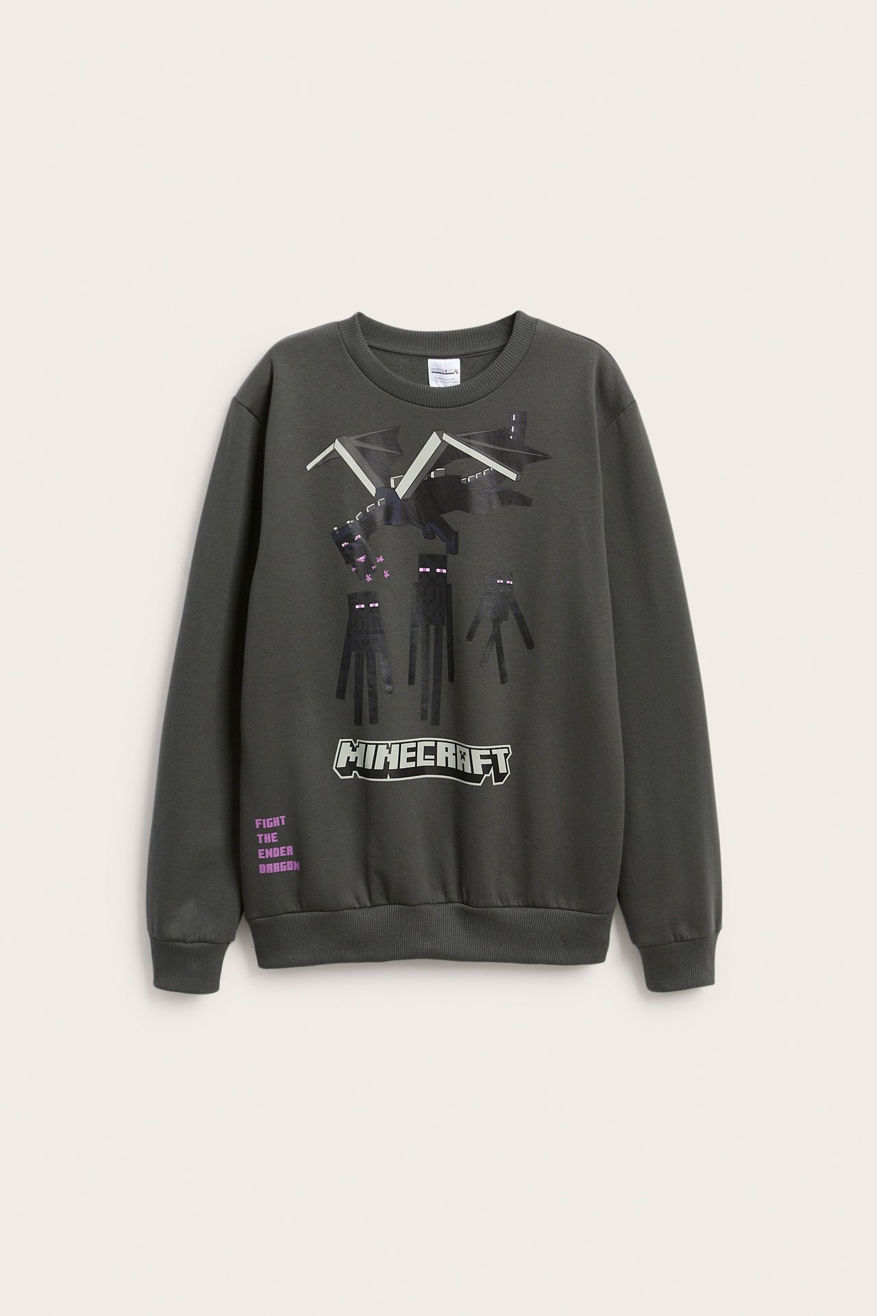 Frontvy av en mörkgrön långärmad barntröja med Minecraft Ender Dragon, Endermen och logotypgrafik.