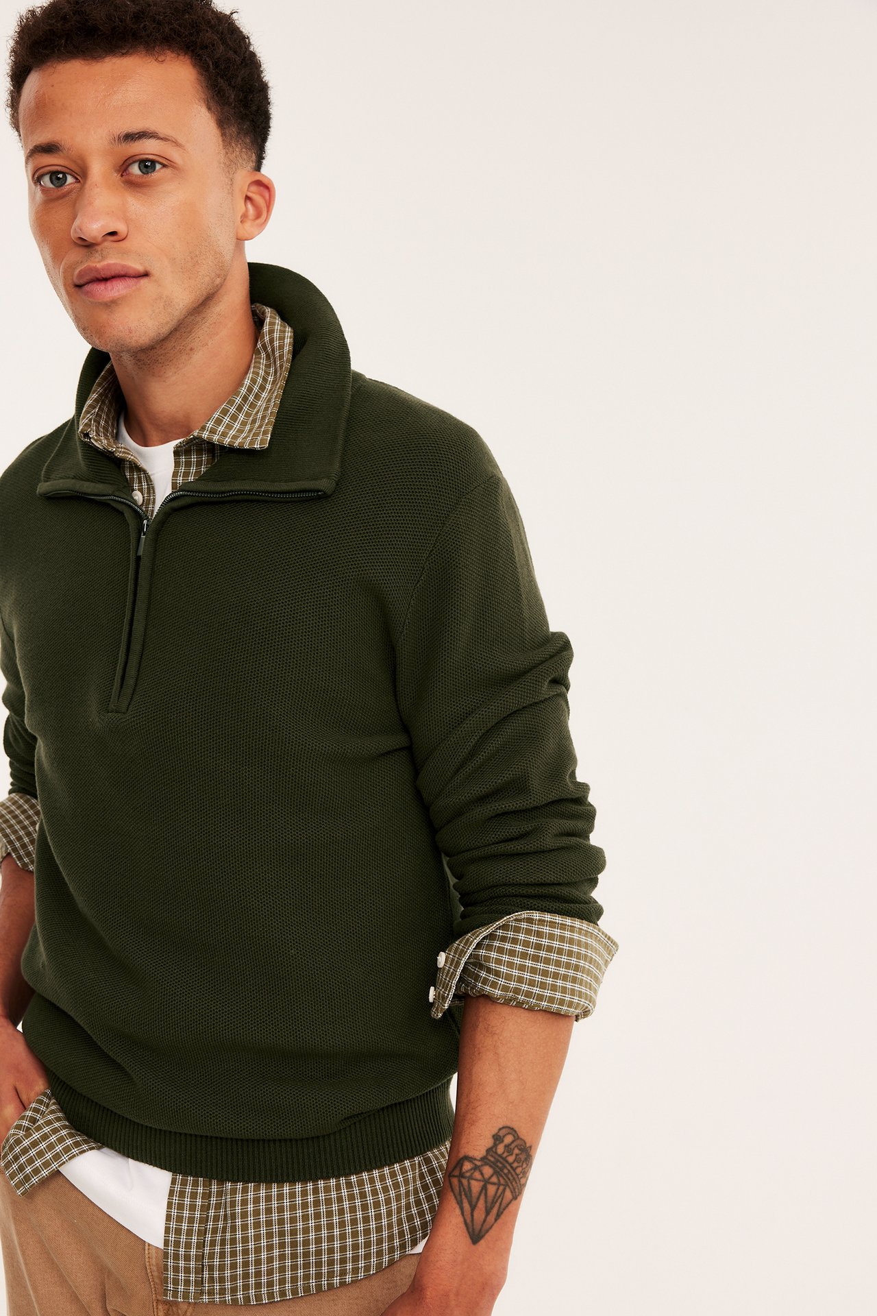 Mann i mørkegrønn quarter-zip genser, rutet skjorte og beige bukser, forfra.