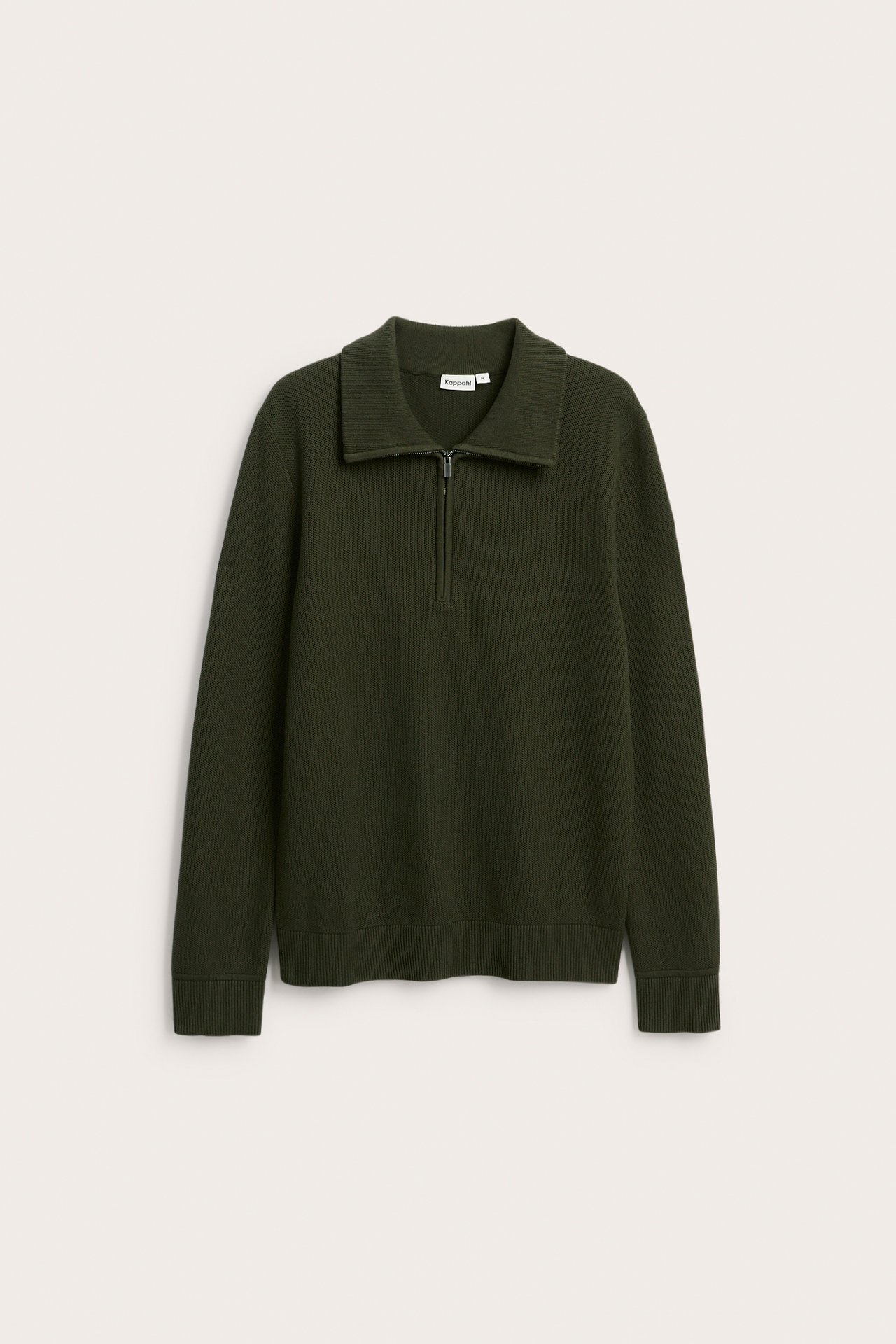Front, mørkegrønn pologenser med glidelås for menn.